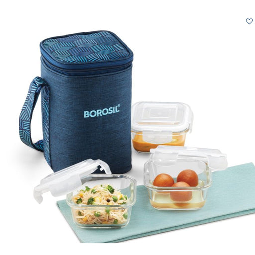 3 Square Microwavable Glass Lunch Box (Foodluck Blue) - ICYCSBSS320