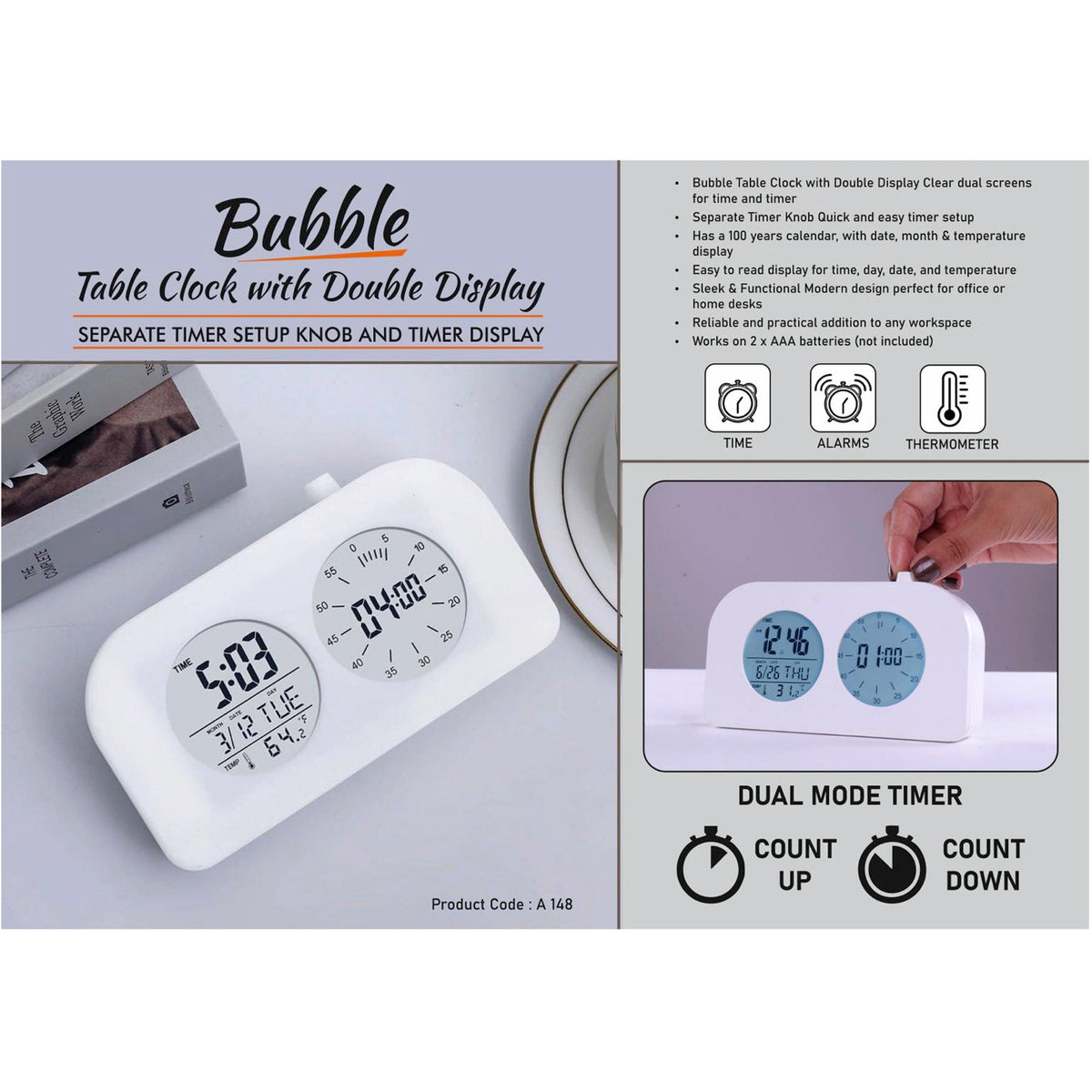 Power Plus - Bubble Table Clock with Double Display and Timer - A 148