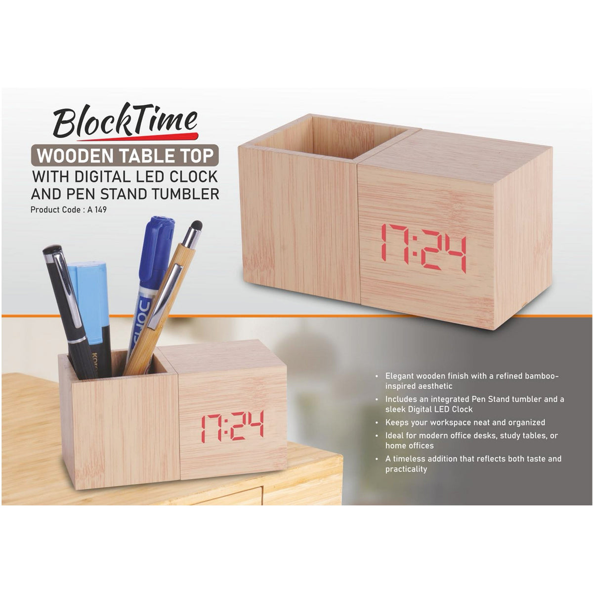 Power Plus - Block Time: Wooden Table Top with LED Clock and Pen Stand - A 149