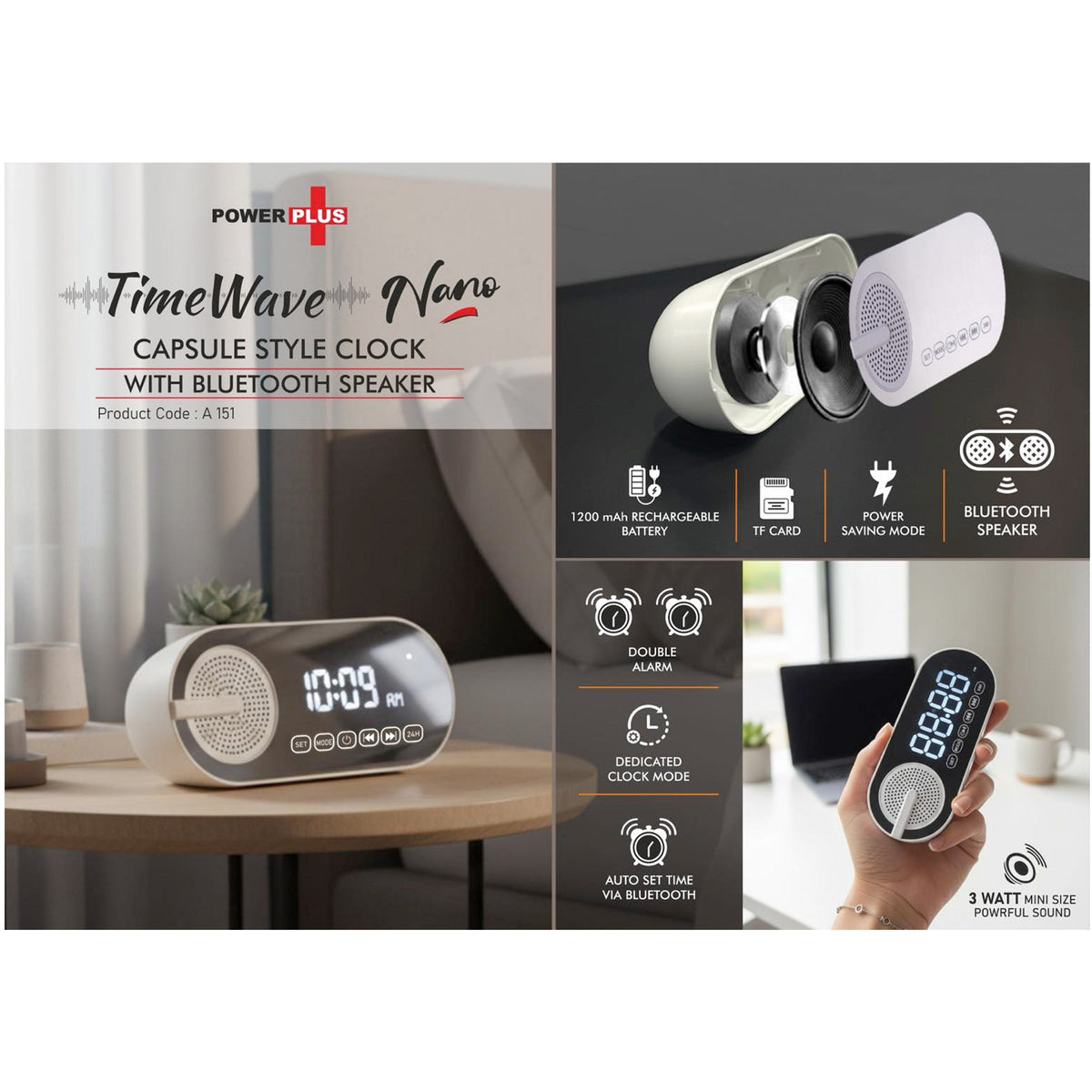 Power Plus - Time Wave Nano: Capsule Clock with Bluetooth Speaker - A 151