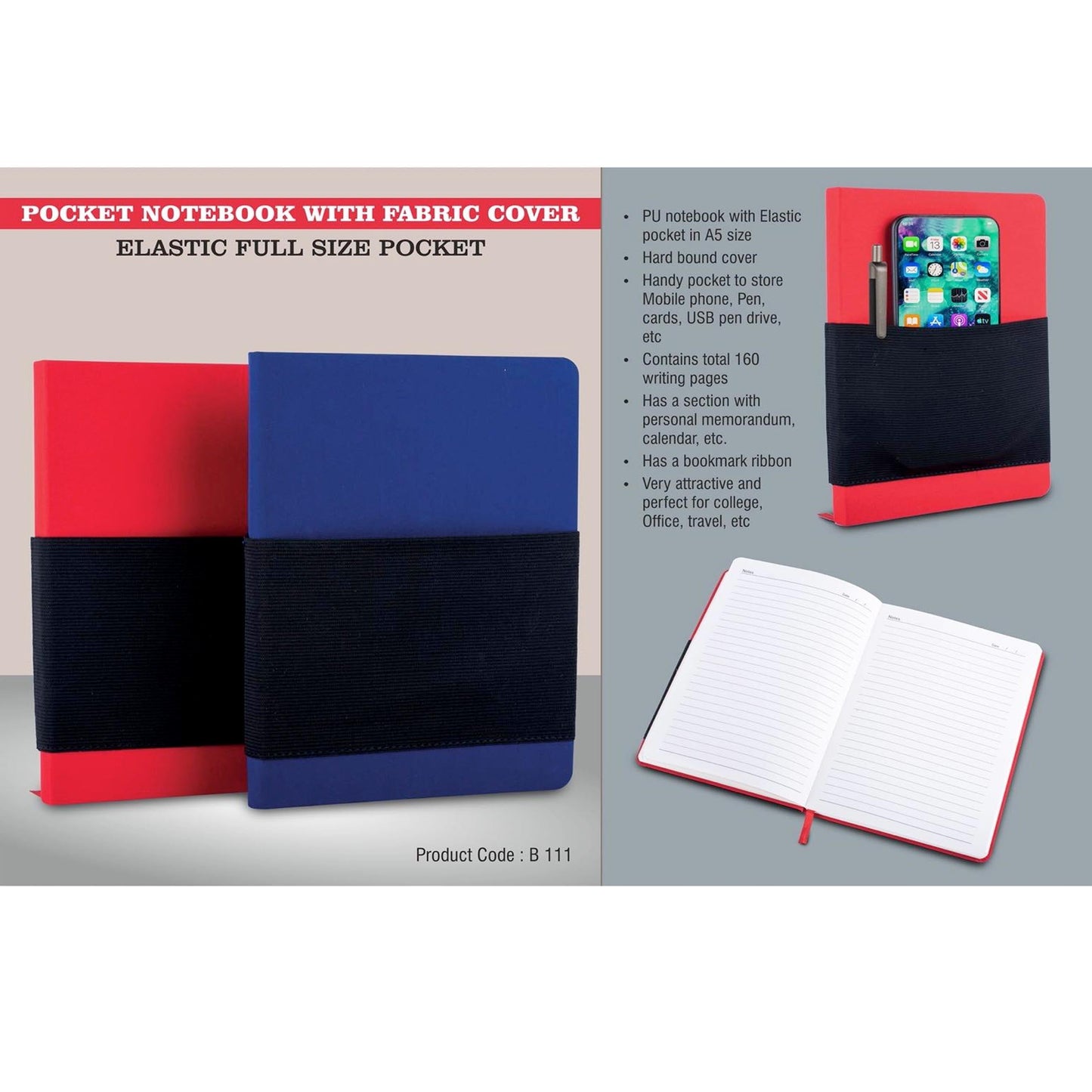 Pocket notebook with Fabric cover | Elastic full size pocket - B 111