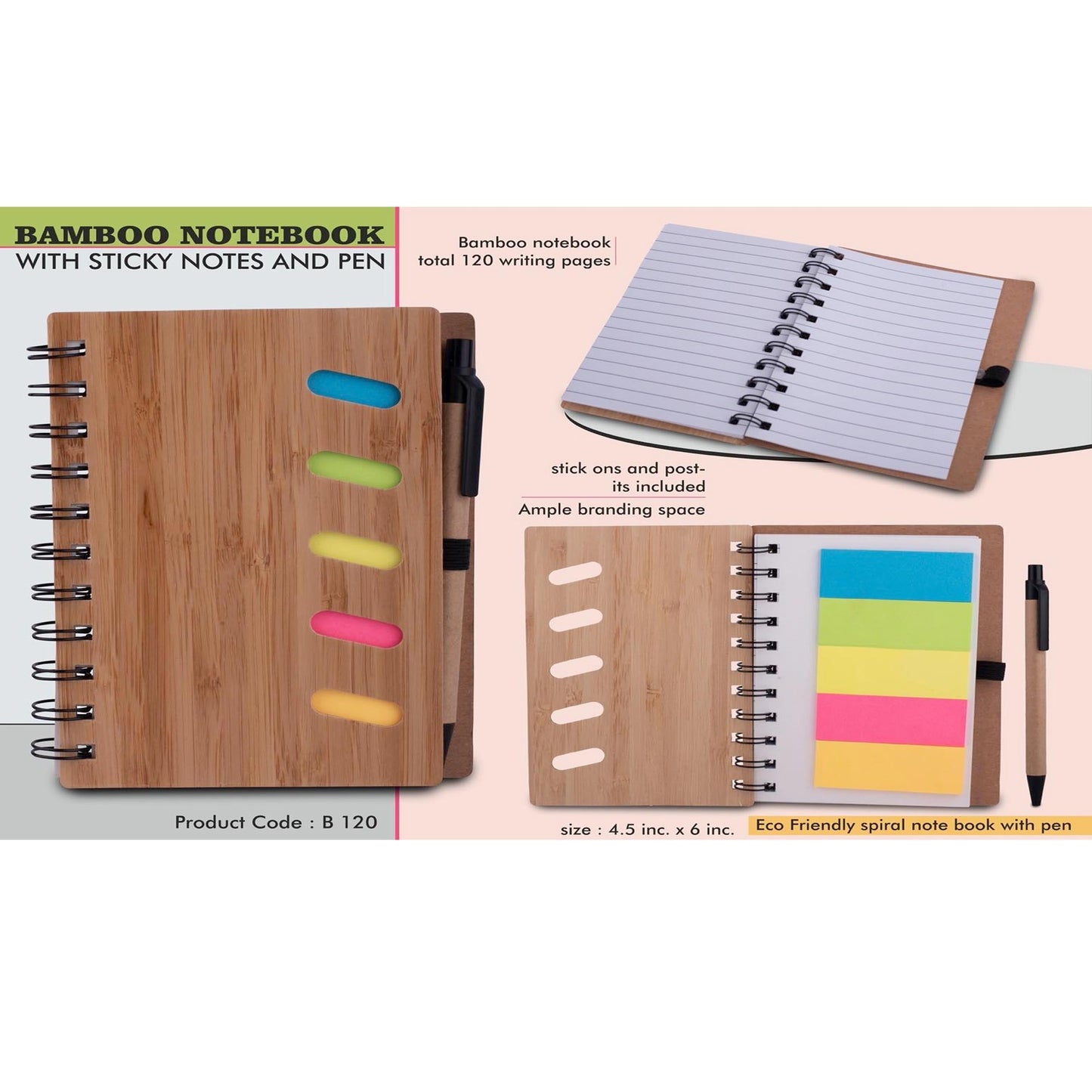 Bamboo notebook with sticky notes and pen - B 120