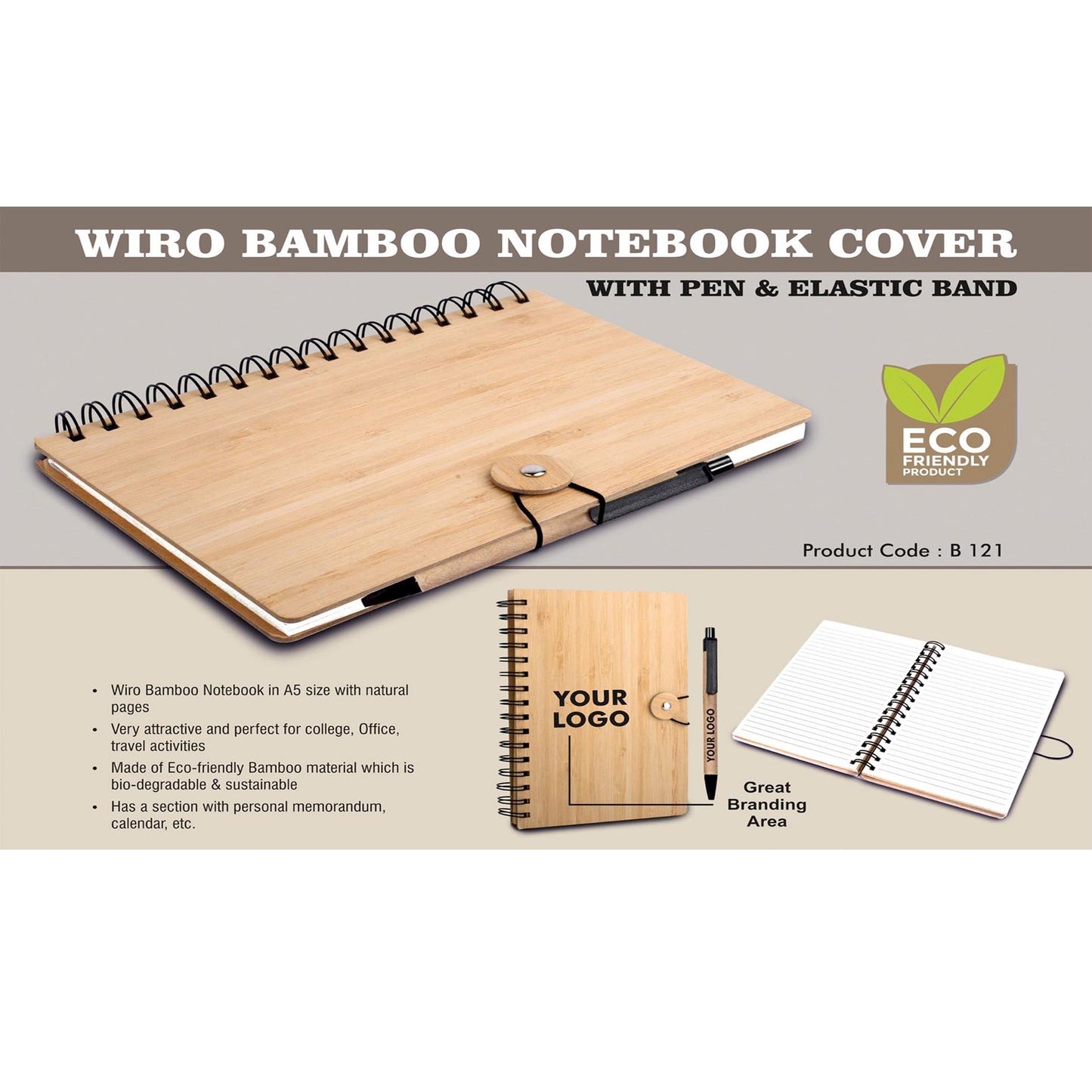 Wiro bamboo notebook cover with elastic band - B 121