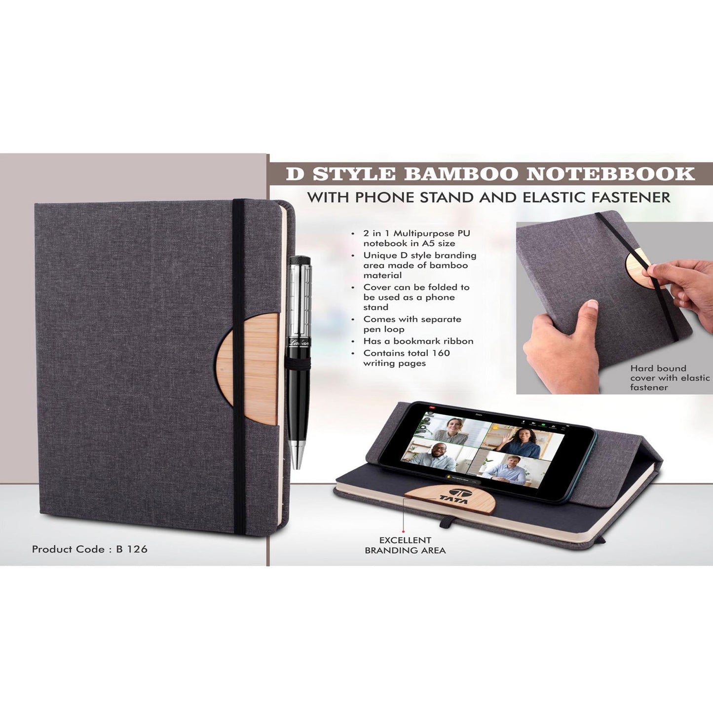 D style Bamboo notebook with Phone stand and Elastic fastener - B 126