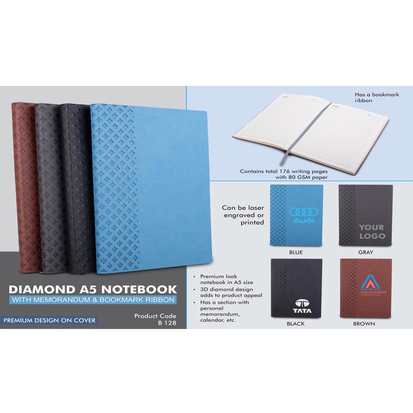 Diamond A5 notebook with memorandum & Bookmark ribbon - B 128