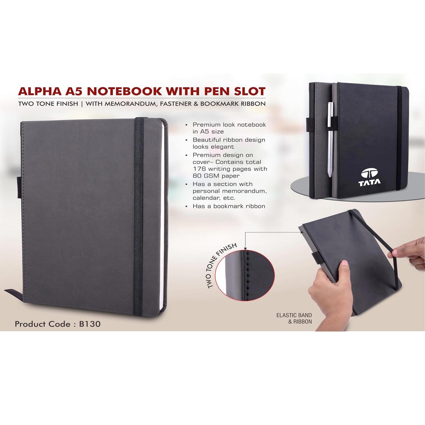 Alpha A5 notebook with Pen Slot | Two tone finish | With memorandum, Fastener & Bookmark ribbon - B 130