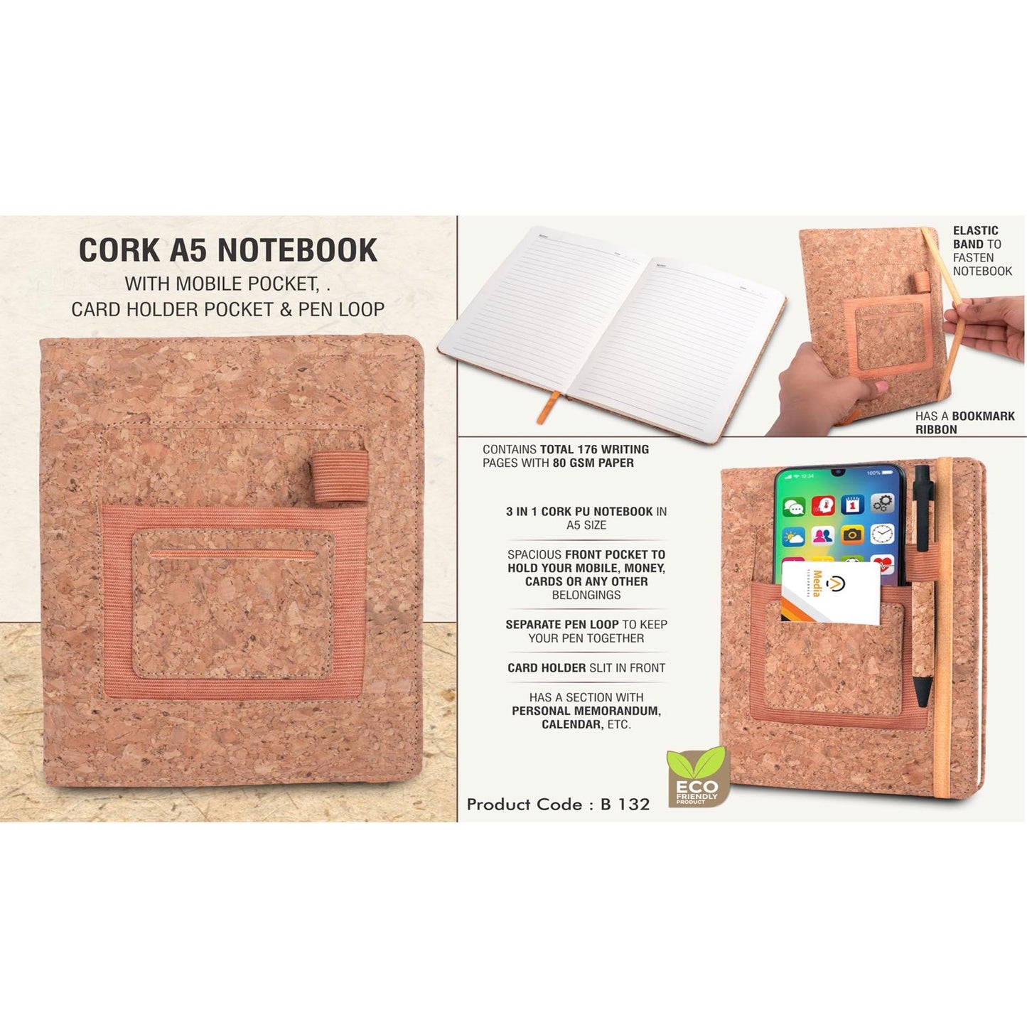 Cork A5 notebook with mobile pocket, card holder pocket & pen loop - B 132