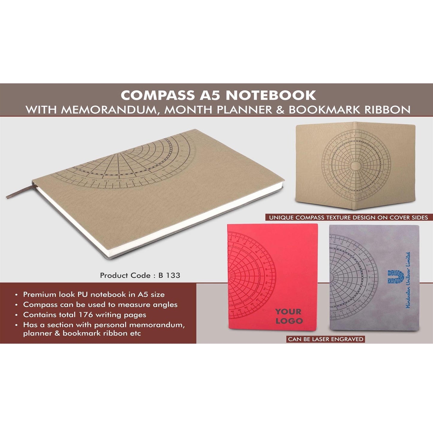 ComPass A5 notebook with memorandum, month planner & bookmark ribbon | 176 writing pages - B 133