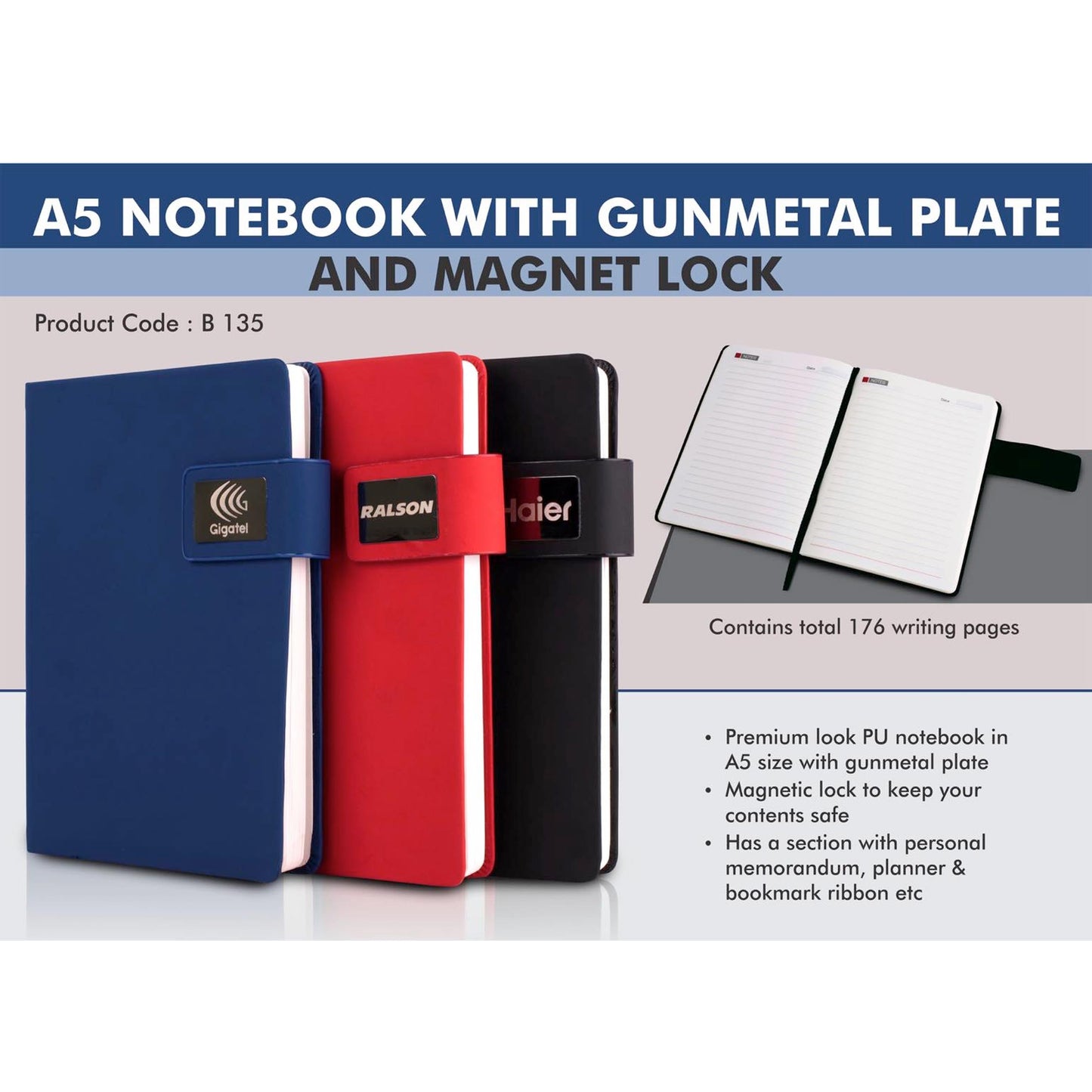 A5 Notebook with Gunmetal plate and Magnet lock | Hard bound cover - B 135