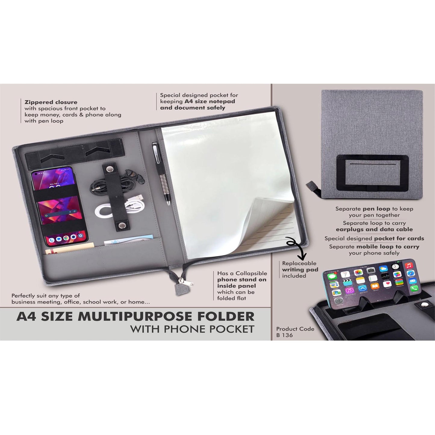 A4 size multipurpose folder with Writing pad and phone pocket | Complete Zipper enclosure - B 136