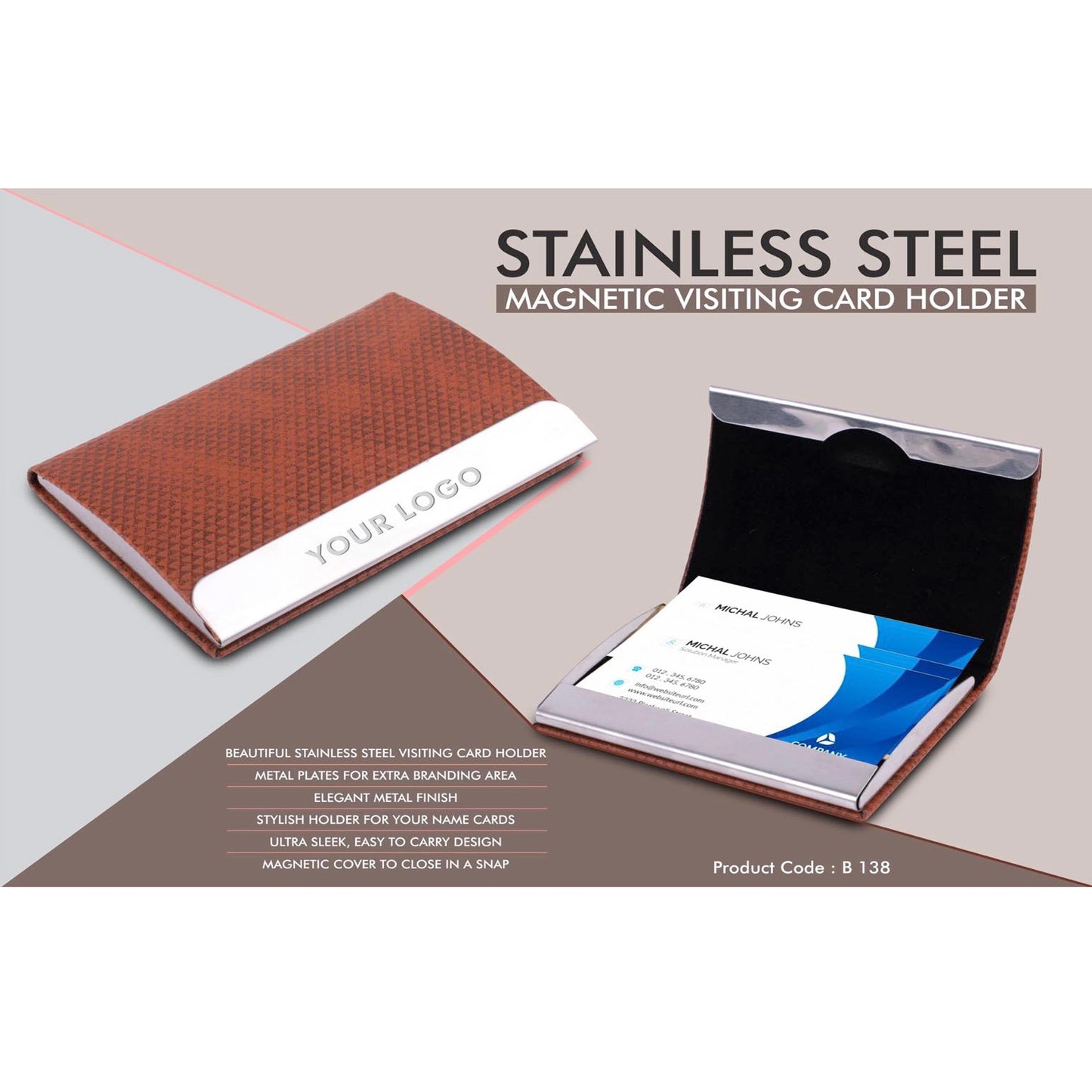 Stainless Steel Magnetic Visiting Card holder- Tan - B 138