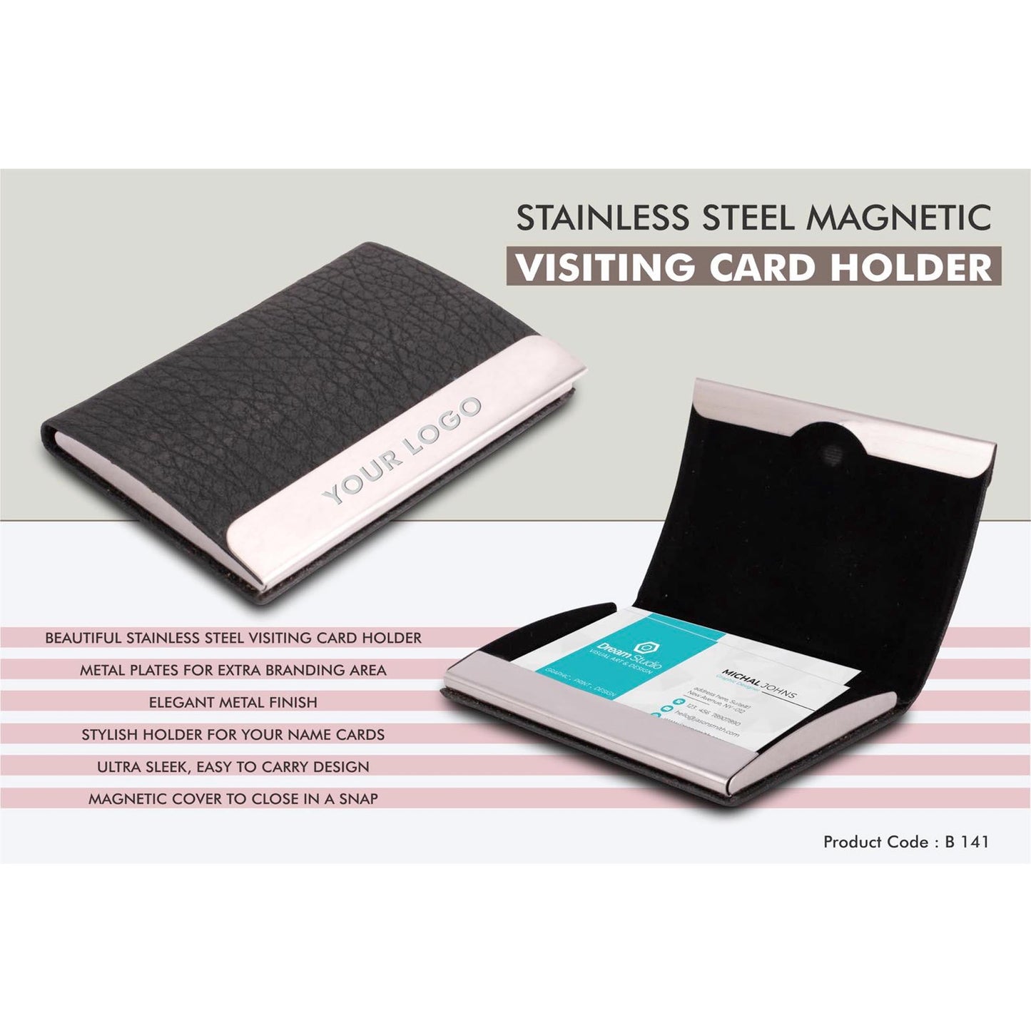 Stainless Steel Magnetic Visiting Card holder- Black - B 141