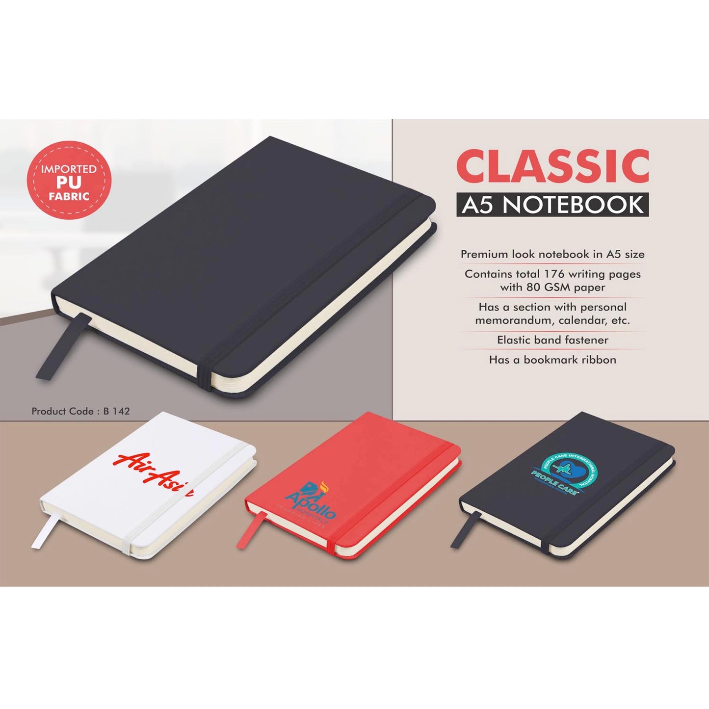 Classic A5 notebook | Hard bound cover | Pages with memorandum, month planner & bookmark ribbon k - B 142