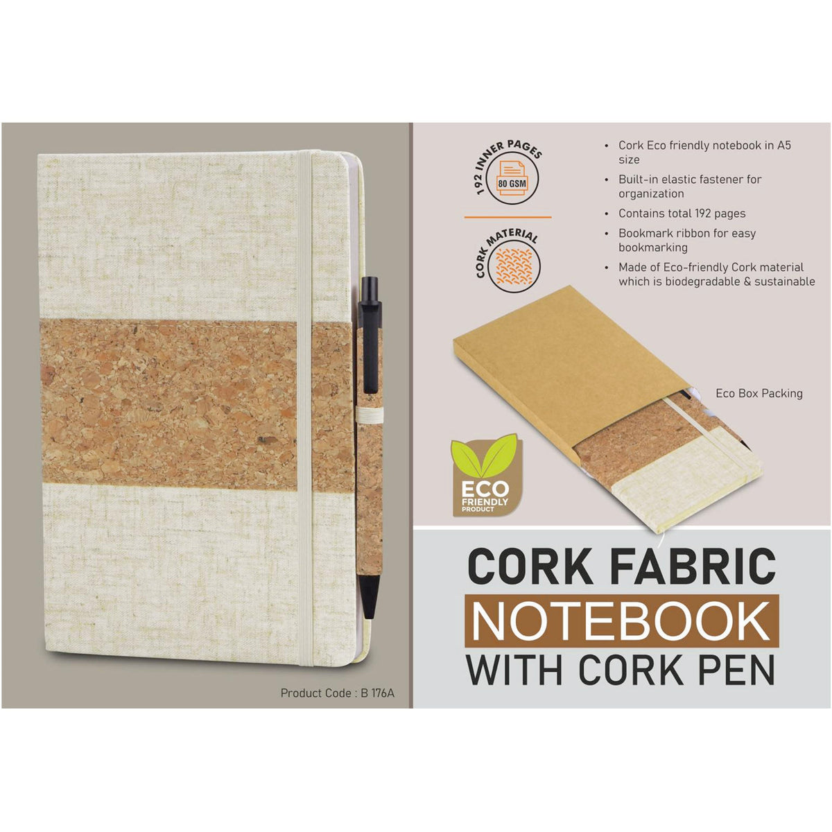 Power Plus - Cork Fabric Notebook with Cork Pen - B 176A