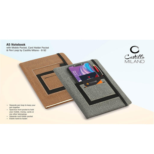 A5 notebook with mobile pocket, card holder pocket & pen loop by Castillo Milano- B 92b
