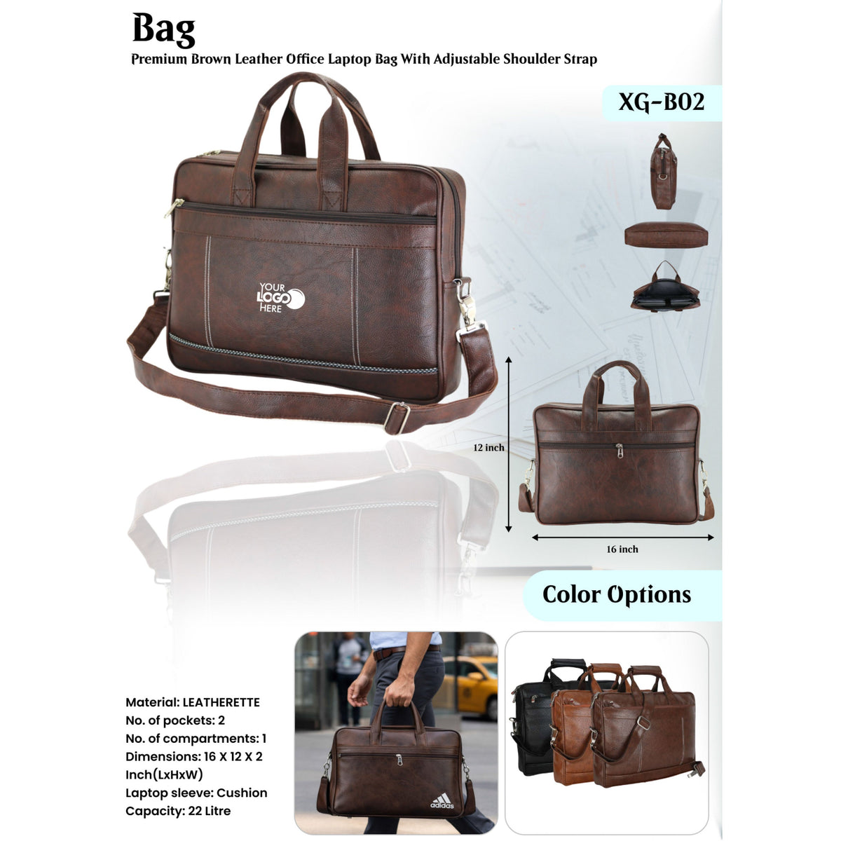 Premium Brown Leather Office Laptop Bag - XG - B02