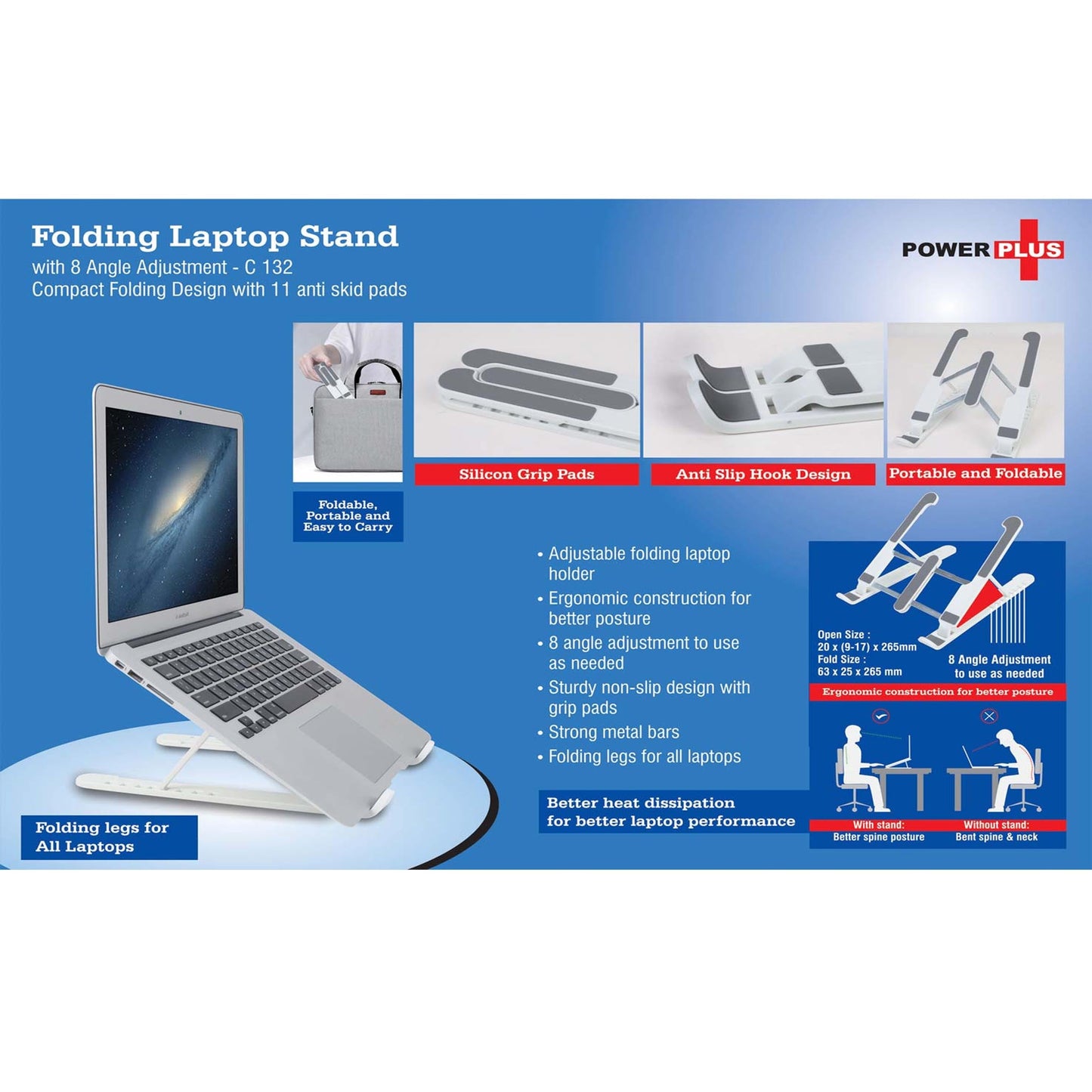 Folding Laptop stand with 8 angle adjustment | Compact Folding design | With 11 anti skid pads - C 132