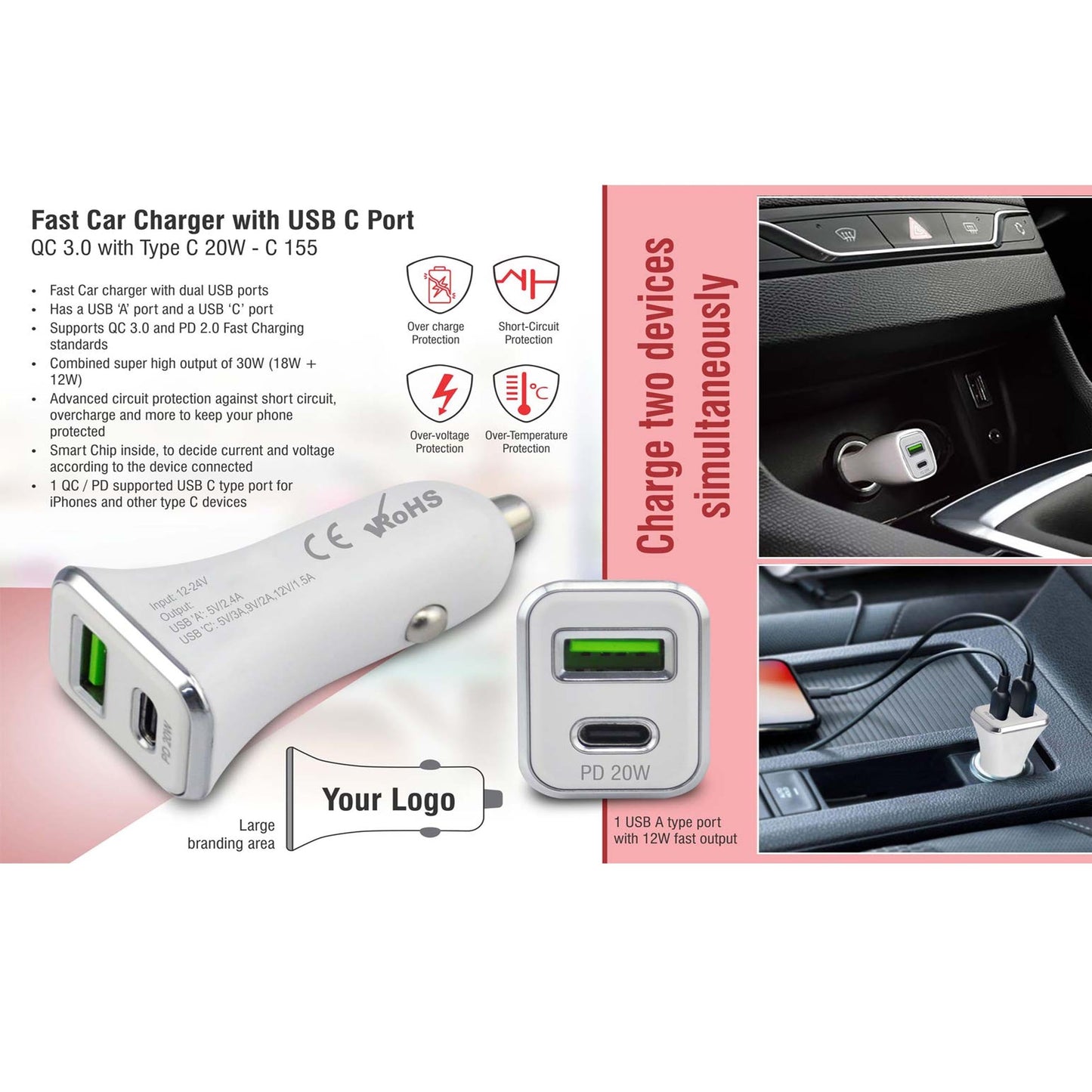 Fast car charger with USB C port | QC 3.0 withType C 20W - C 155