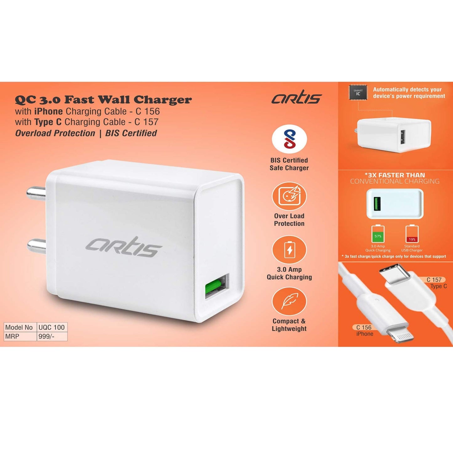 Artis QC 3.0 Fast wall charger with iPhone charging cable | Overload protection | BIS Certified - C 156