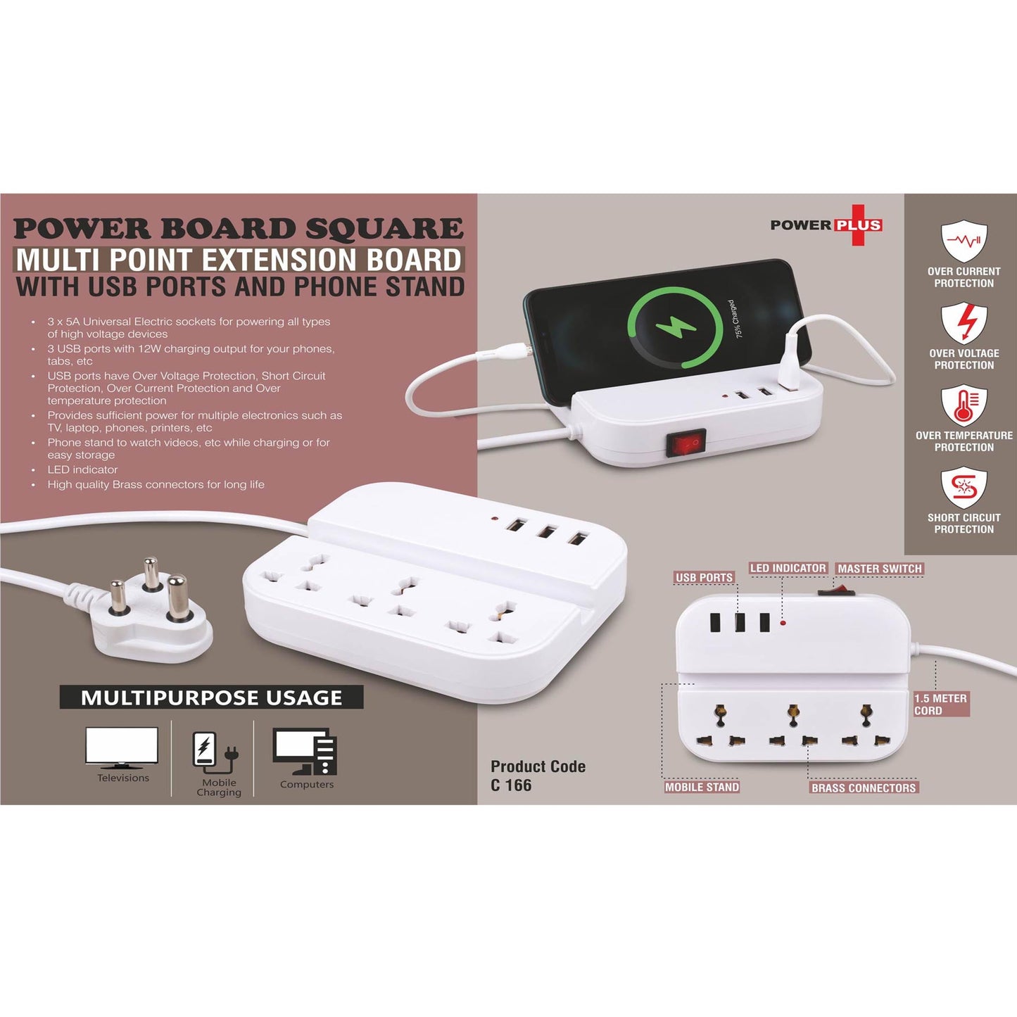 Power Board Square: Multi point extension board with USB ports and phone stand - C 166