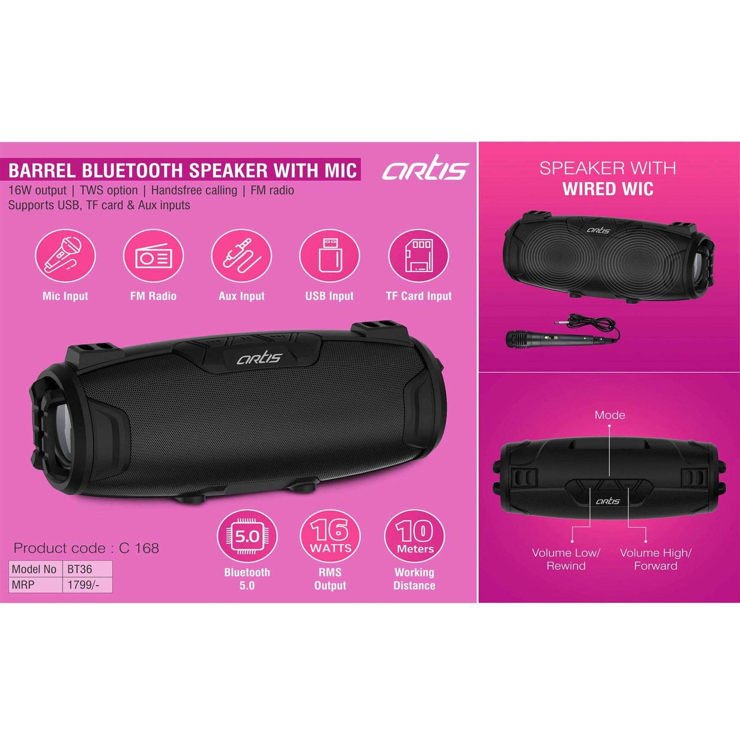 Artis Barrel Bluetooth speaker with Mic | 16W output | TWS option | Handsfree calling | FM radio | Supports USB, TF card & Aux inputs - C 168