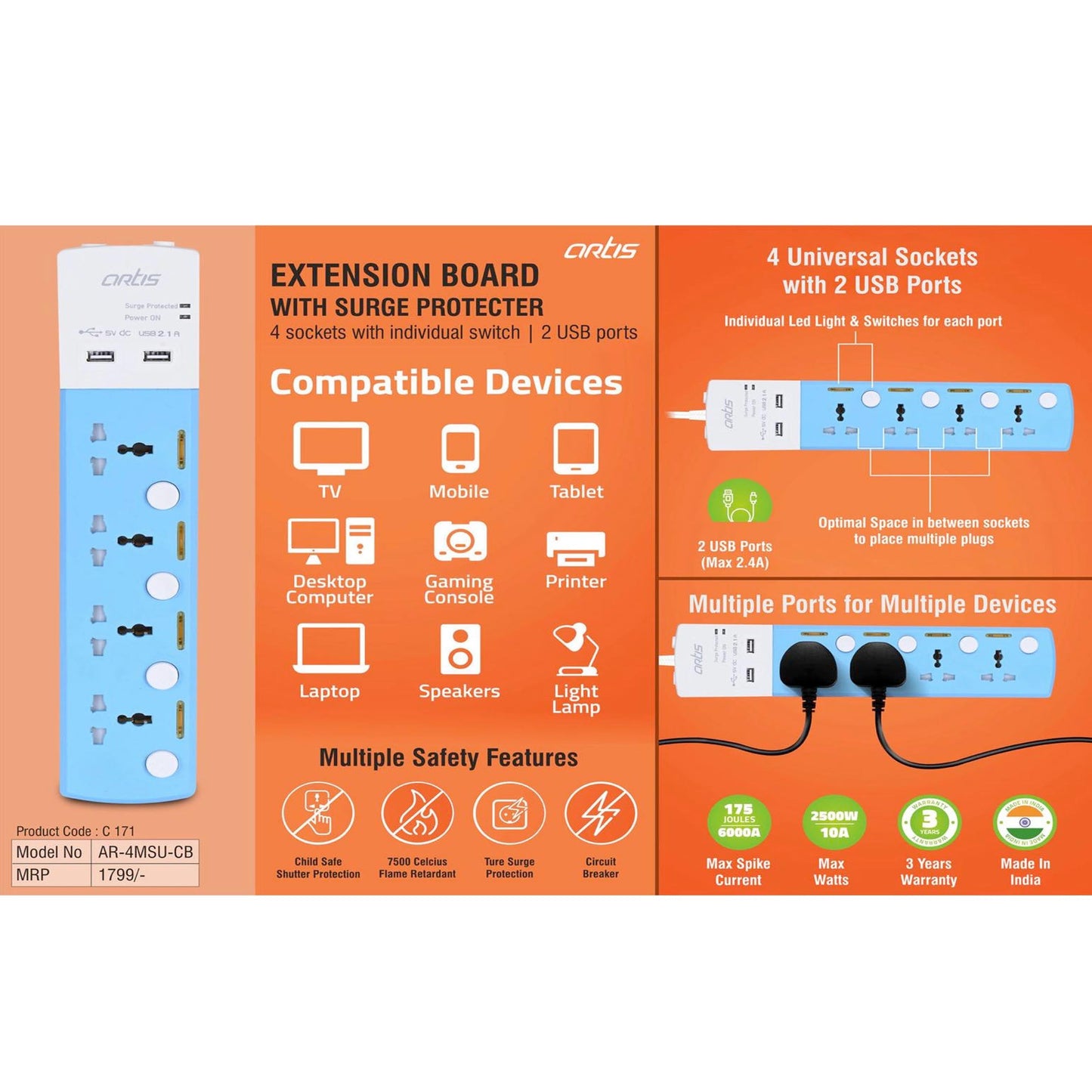 Ortis Extension board with surge protecter | 4 sockets with individual switch | 2 USB ports (AR- 4MSU-CB) - C 171