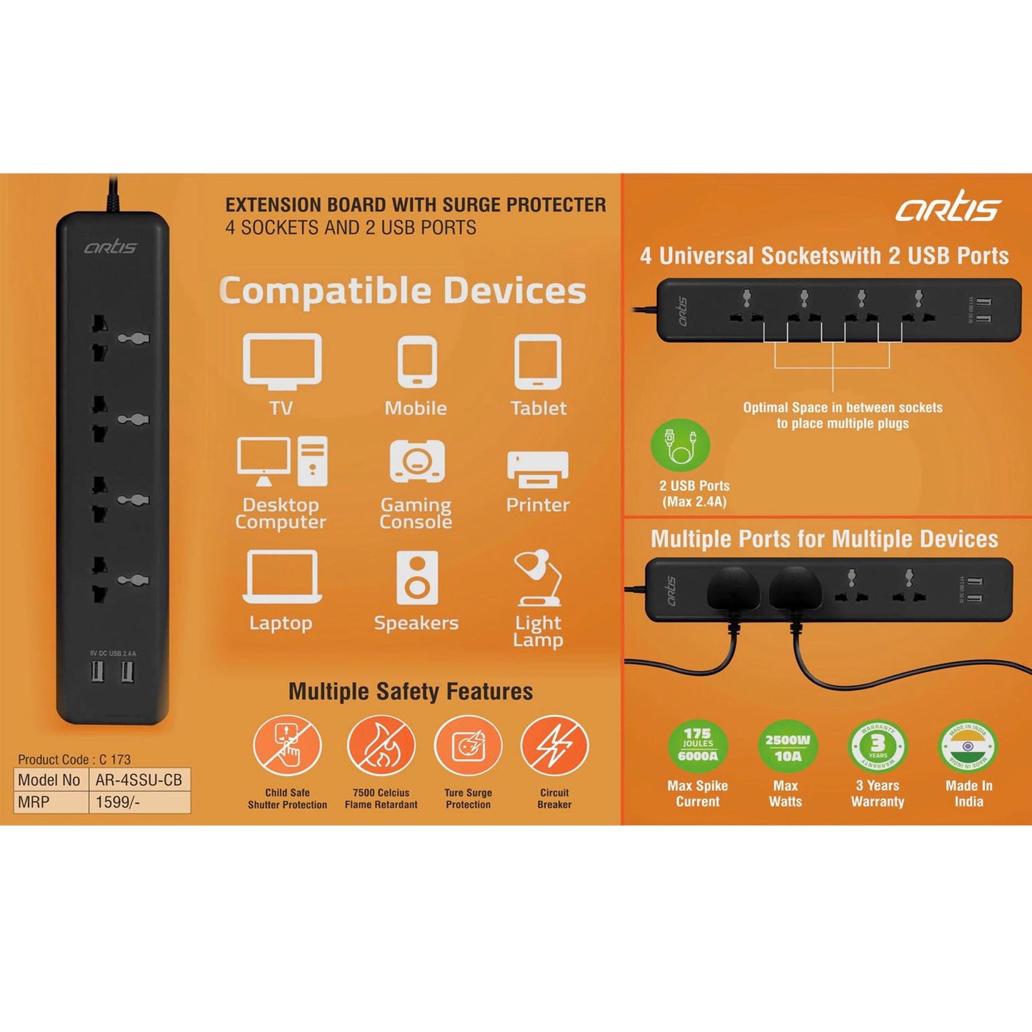 Artis Extension board with surge protecter | 4 sockets and 2 USB ports (AR-4SSU-CB) - C 173