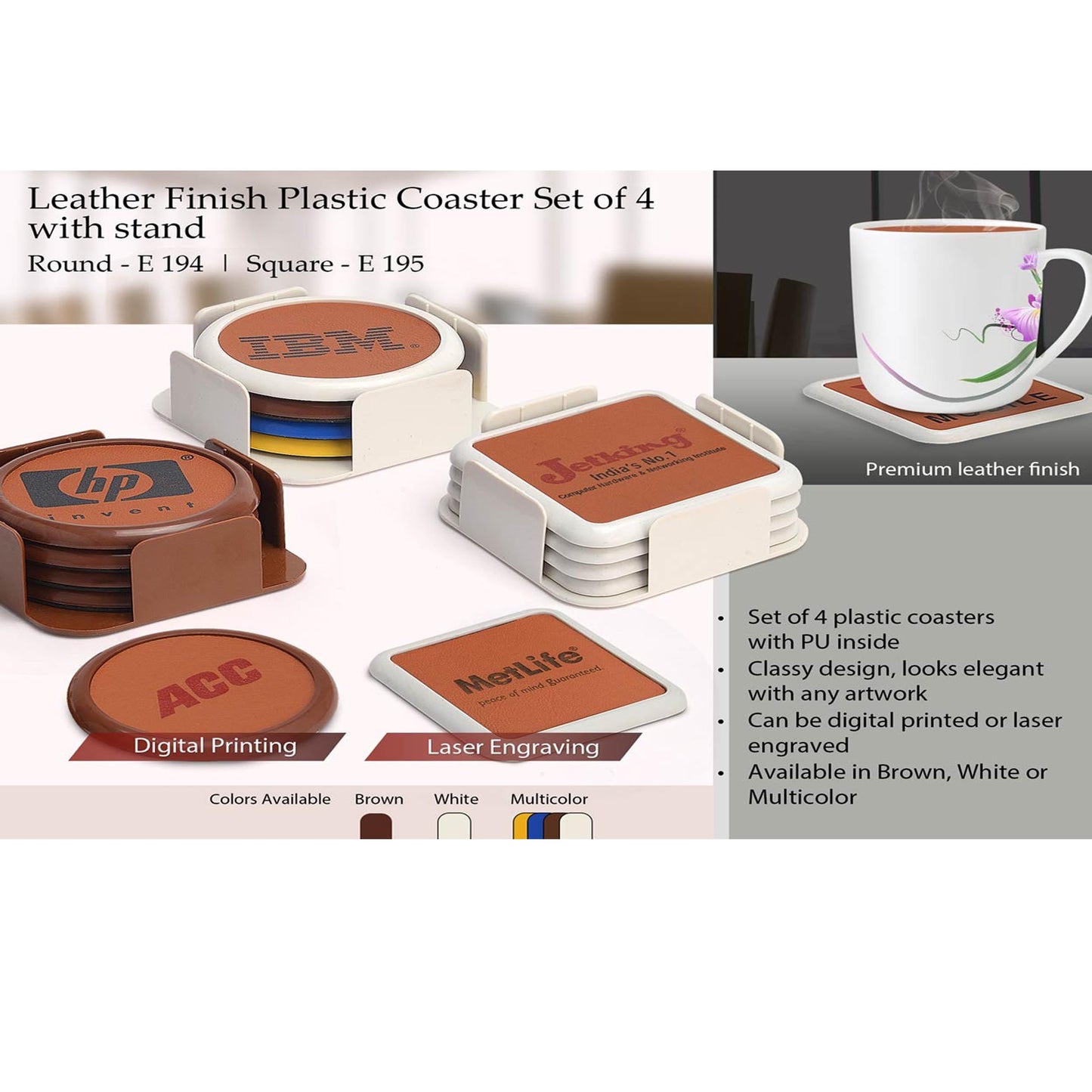 Leather finish Plastic coaster set of 4 with stand (round) - E 194