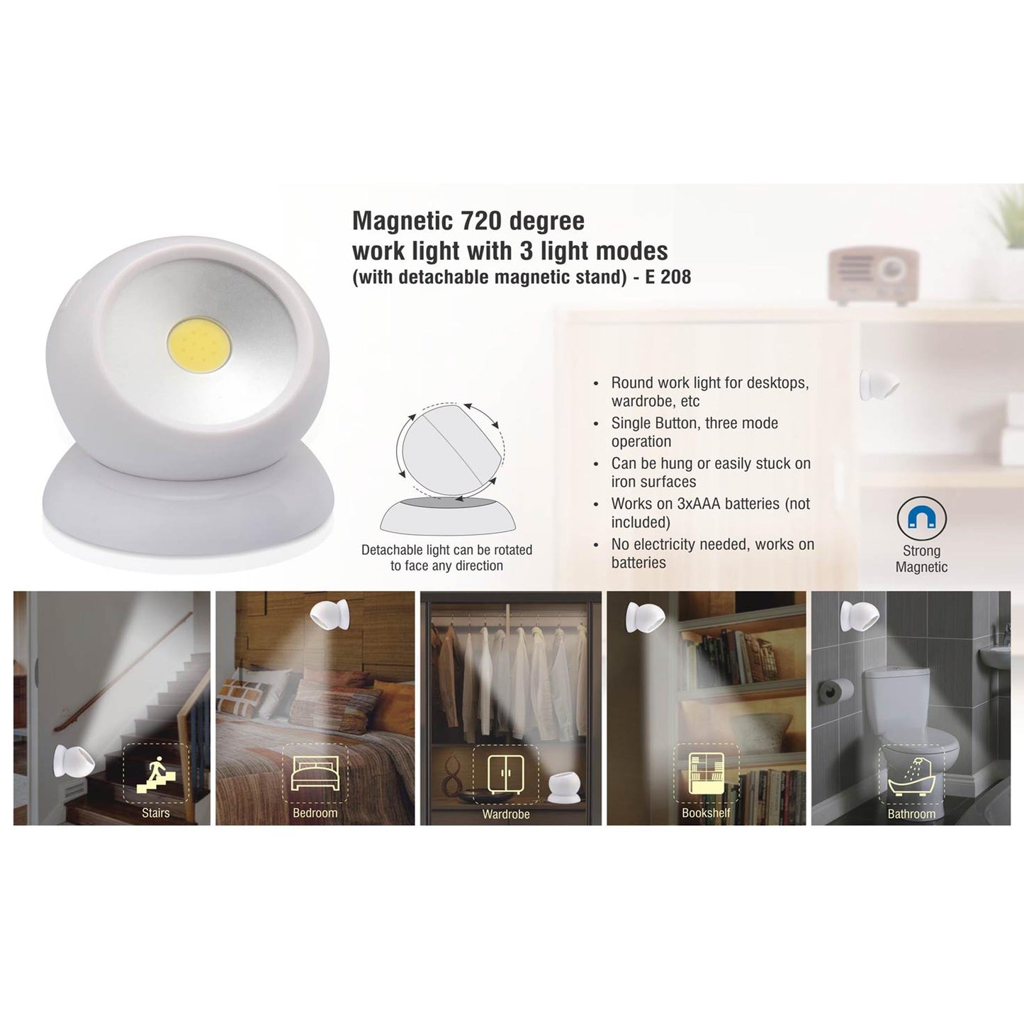 Magnetic 720 degree work light with 3 light modes - E 208