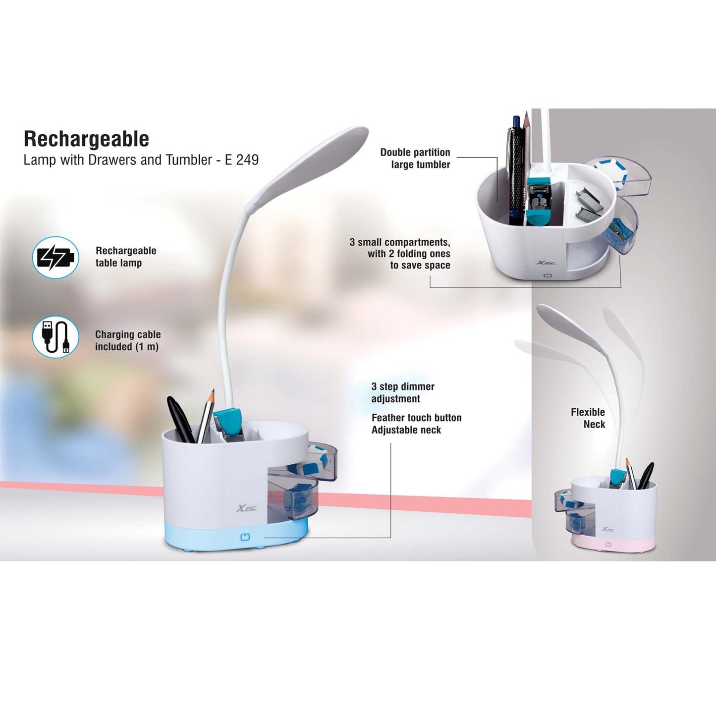 Rechargeable lamp with drawers and Tumbler - E 249