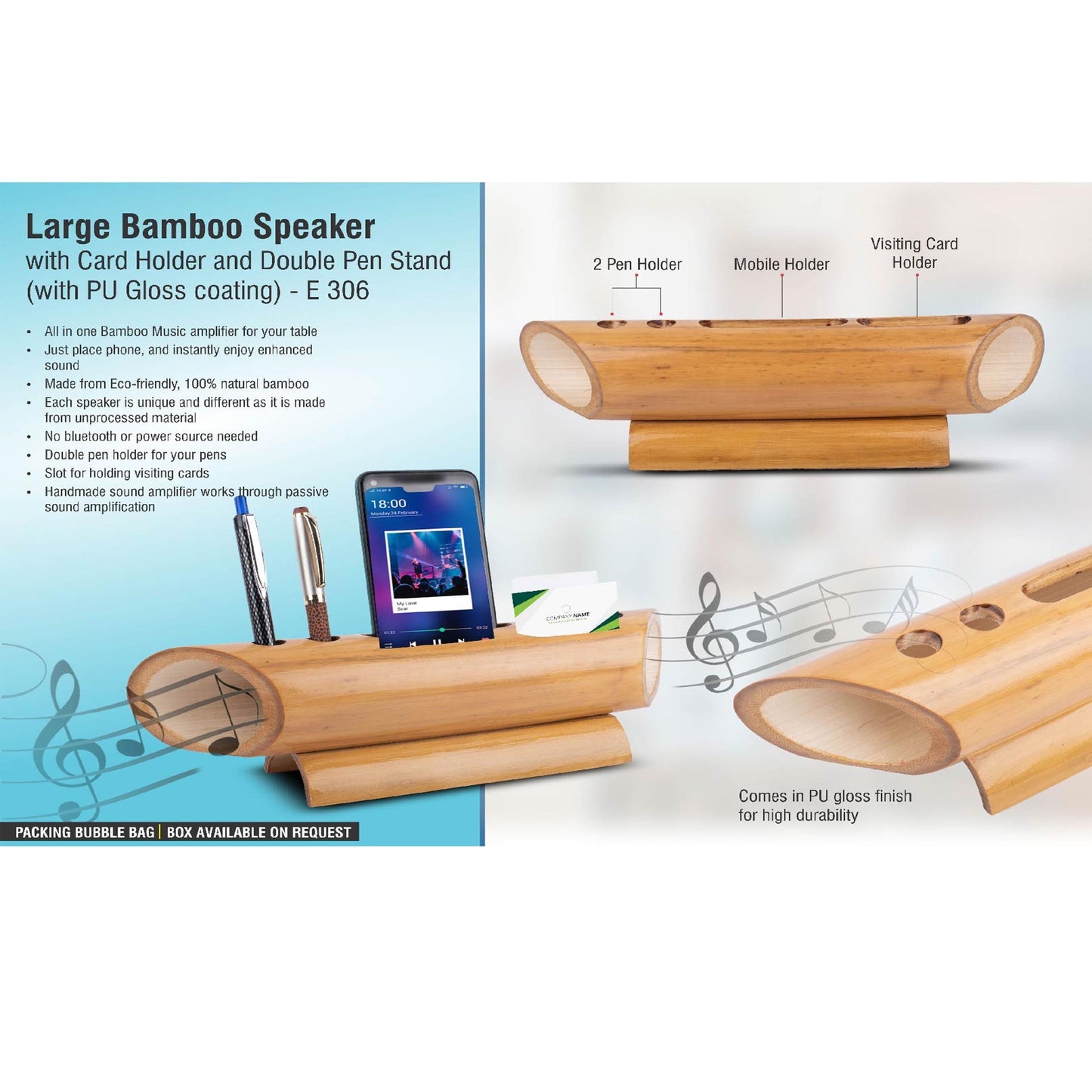 Large Bamboo speaker with Card holder and double pen stand (with PU Gloss coating) - E 306