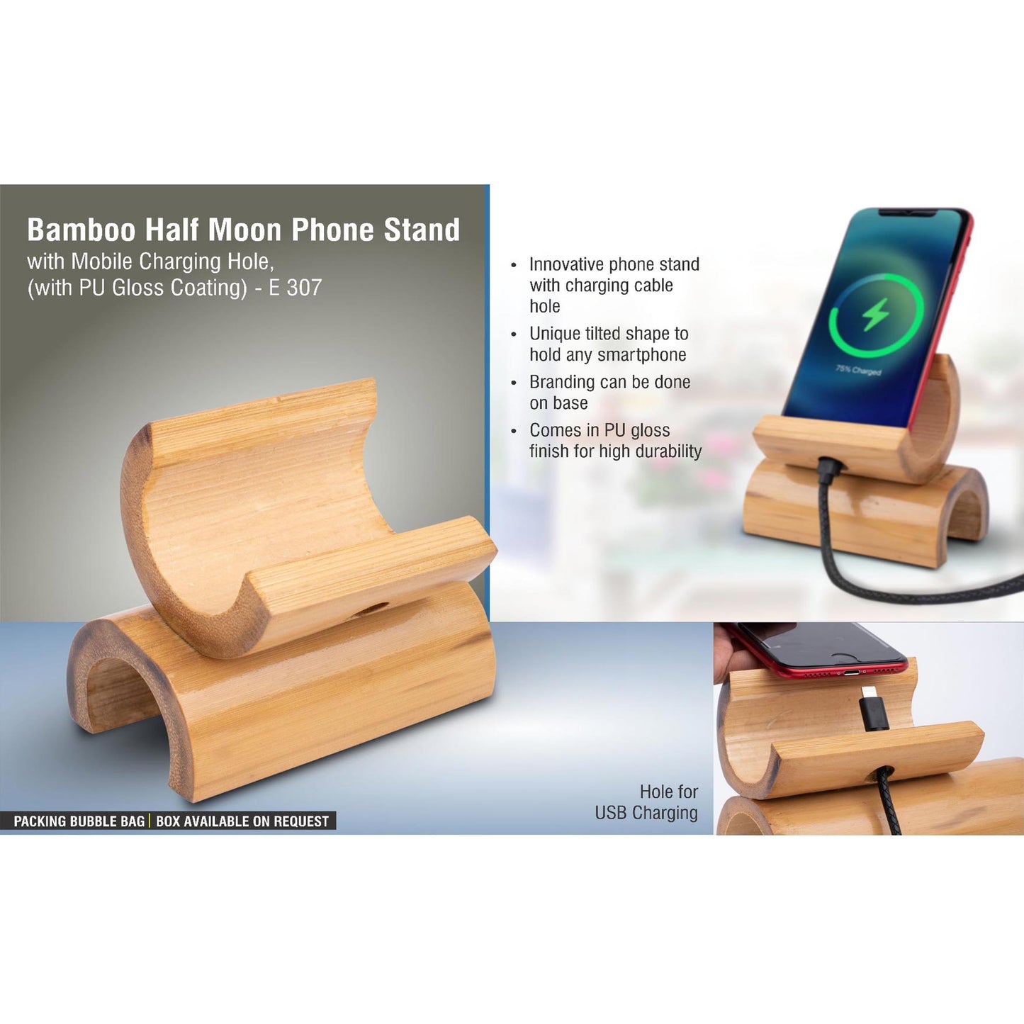 Bamboo Half moon phone stand with mobile Charging hole, (with PU Gloss coating) - E 307