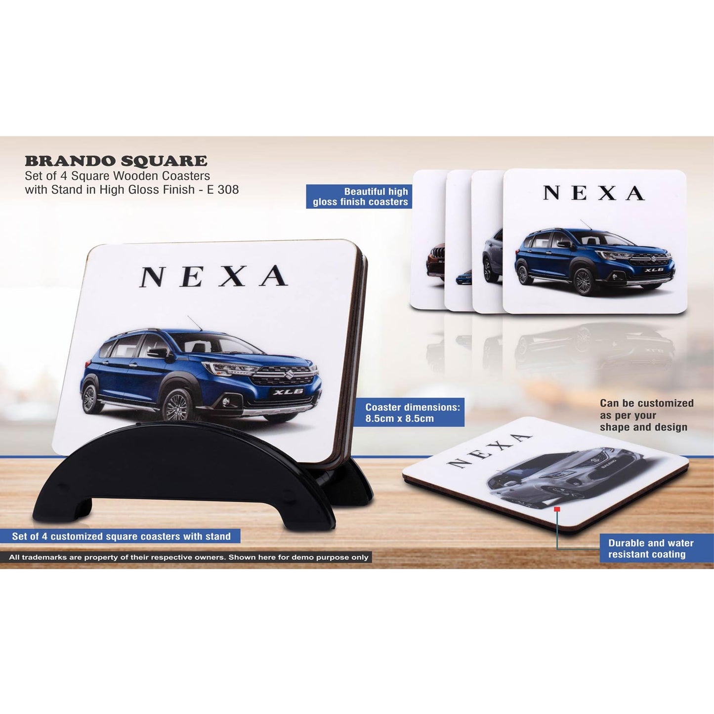 Brando Square: Set of 4 Square Wooden coasters with Stand in High Gloss Finish | MOQ 100 pcs - E 308