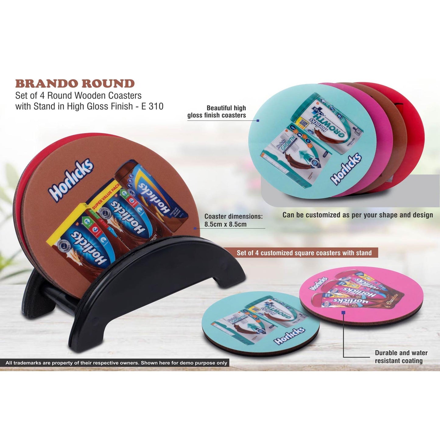 Brando Round: Set of 4 Round Wooden coasters with Stand in High Gloss Finish | MOQ 100 pcs - E 310