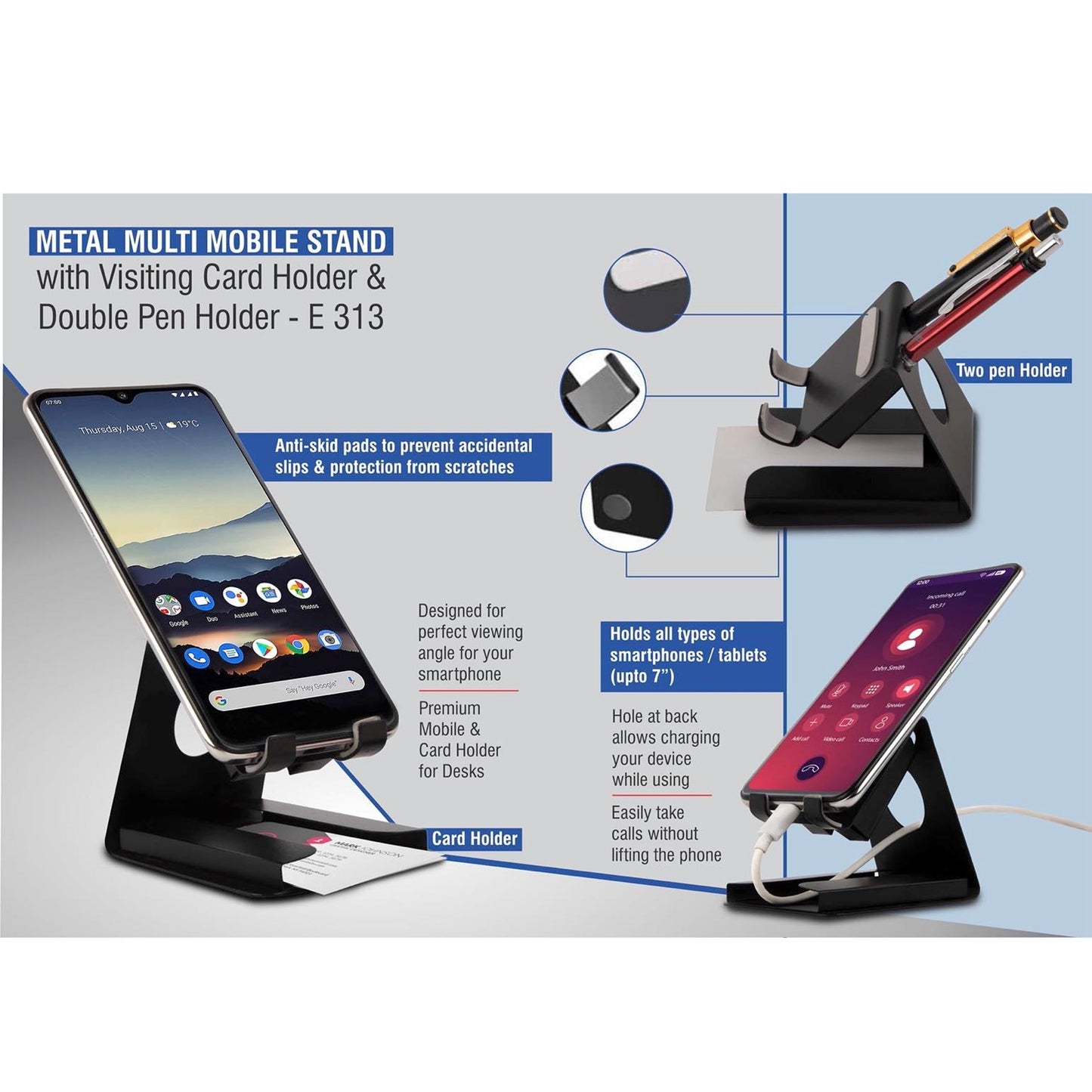 Metal multi mobile stand with Visiting card holder and double pen holder - E 313