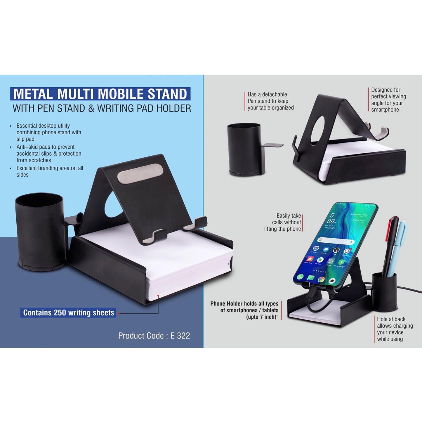 Metal mobile stand with Detachable Tumbler and Writing pad holder | 200 writing sheets included - E 322