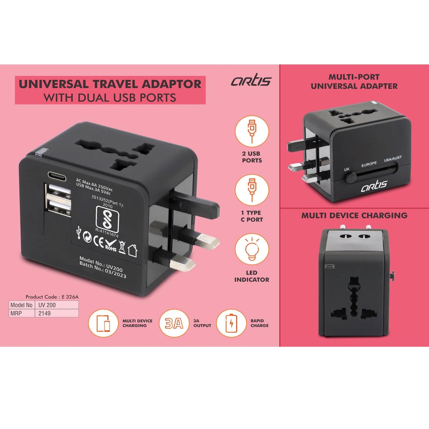 Artis Universal travel adaptor with Dual USB ports (UV200) - E 326A