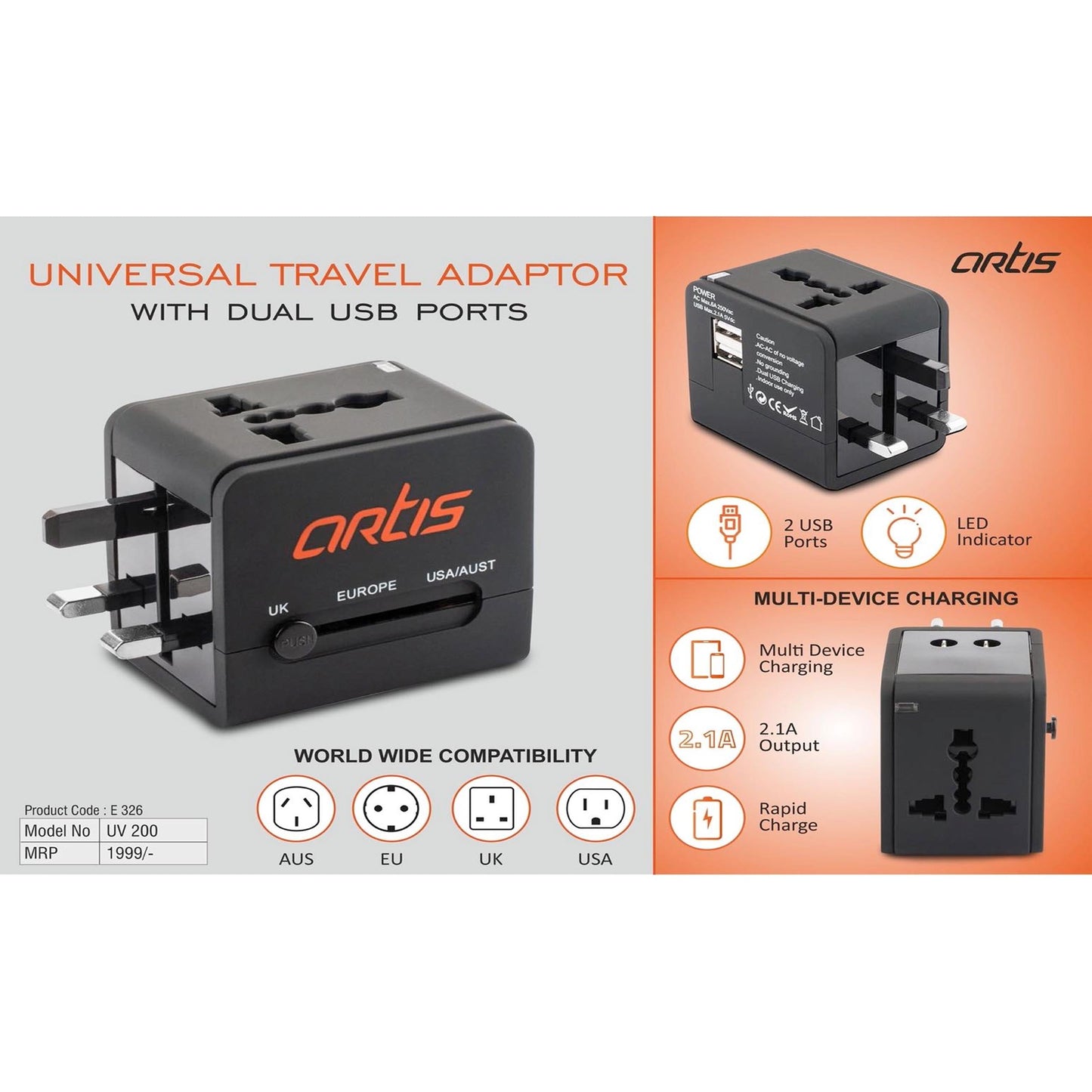 Artis Universal travel adaptor with Dual USB ports (UV200) - E 326