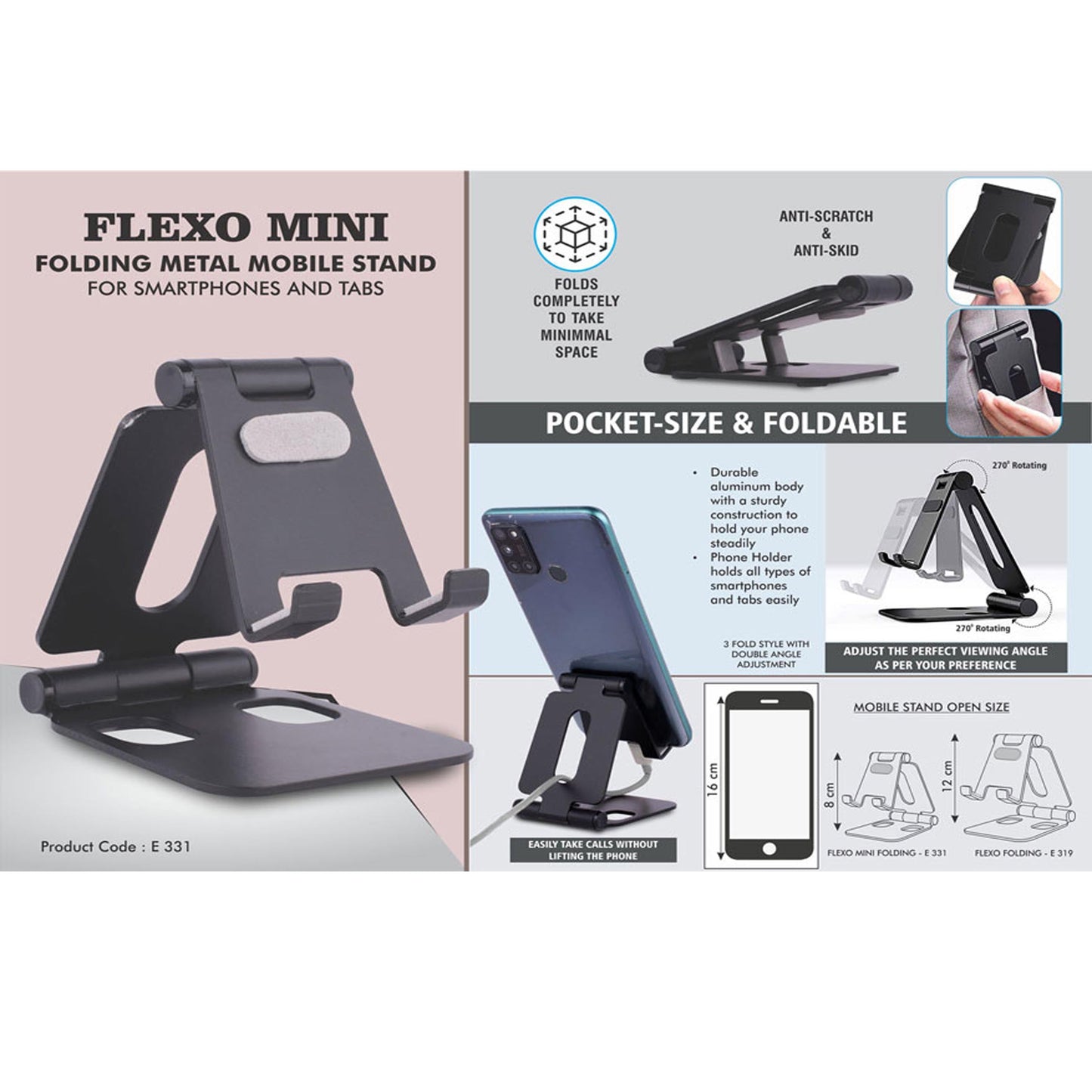 Flexo Mini: Folding Metal Mobile Stand for Smartphones and Tabs | Folds completely to take minimal space | 3 fold style with double angle - E 331
