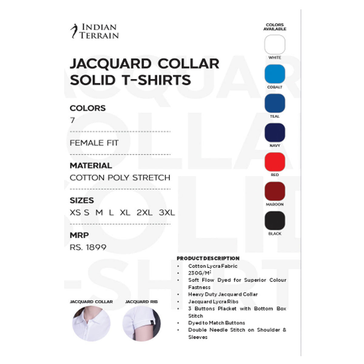 Indian Terrain - Jacquard Collar Solid Polo T-Shirt Female Fit