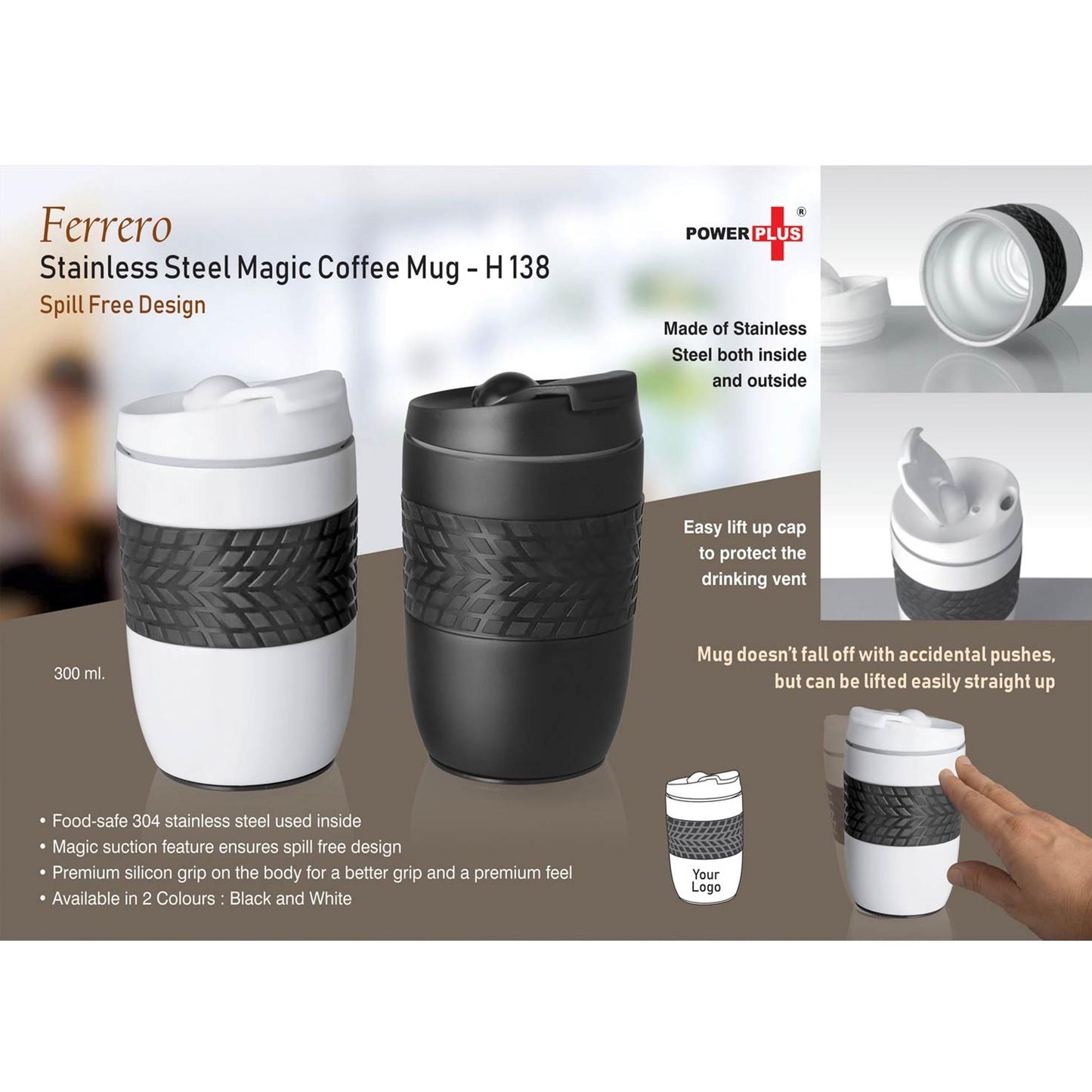 Ferrero Stainless Steel Magic Coffee Mug (300 ml approx) (Spill free design) - H 138