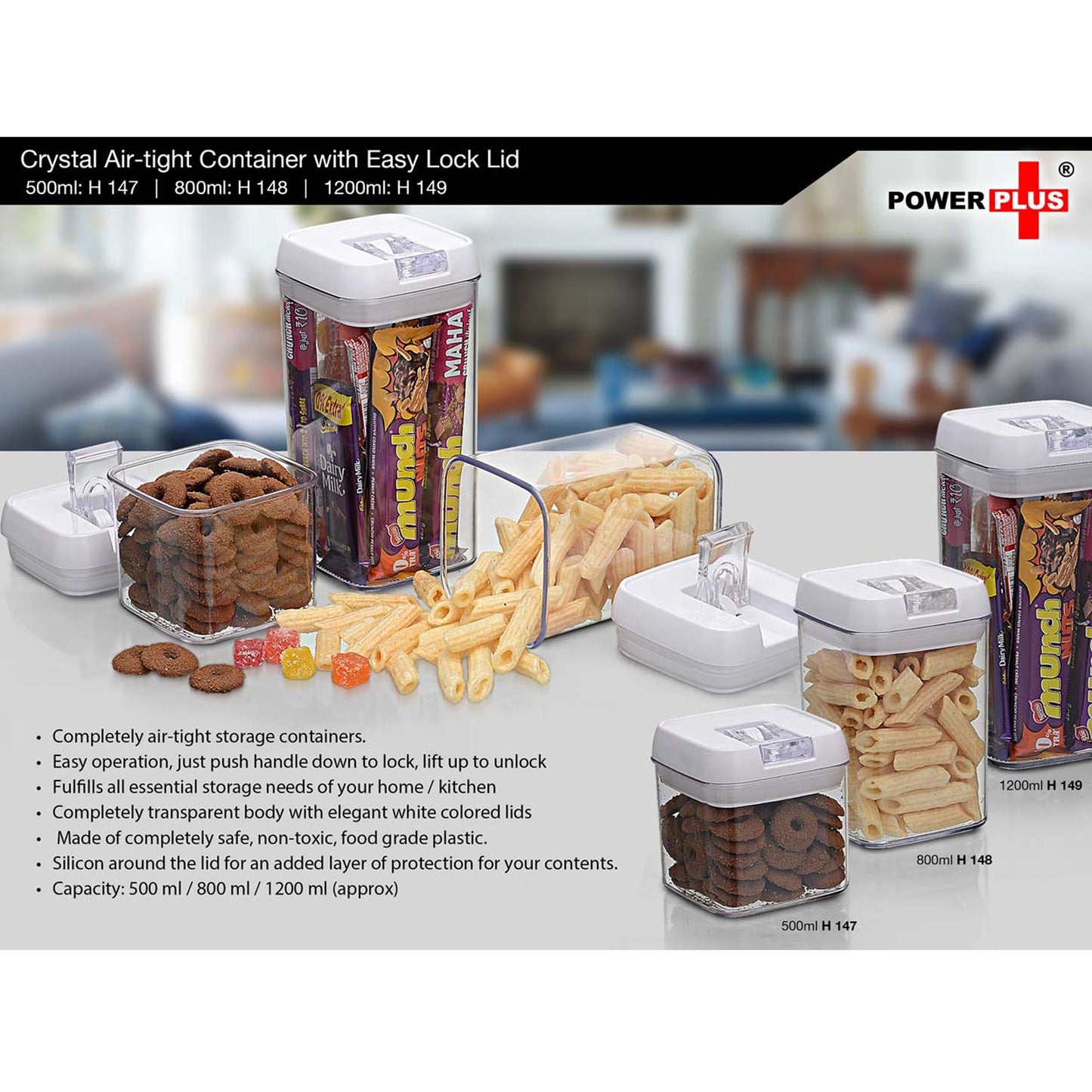 Crystal Air-tight Container with Easy Lock Lid (800 ml) by Power Plus - H 148