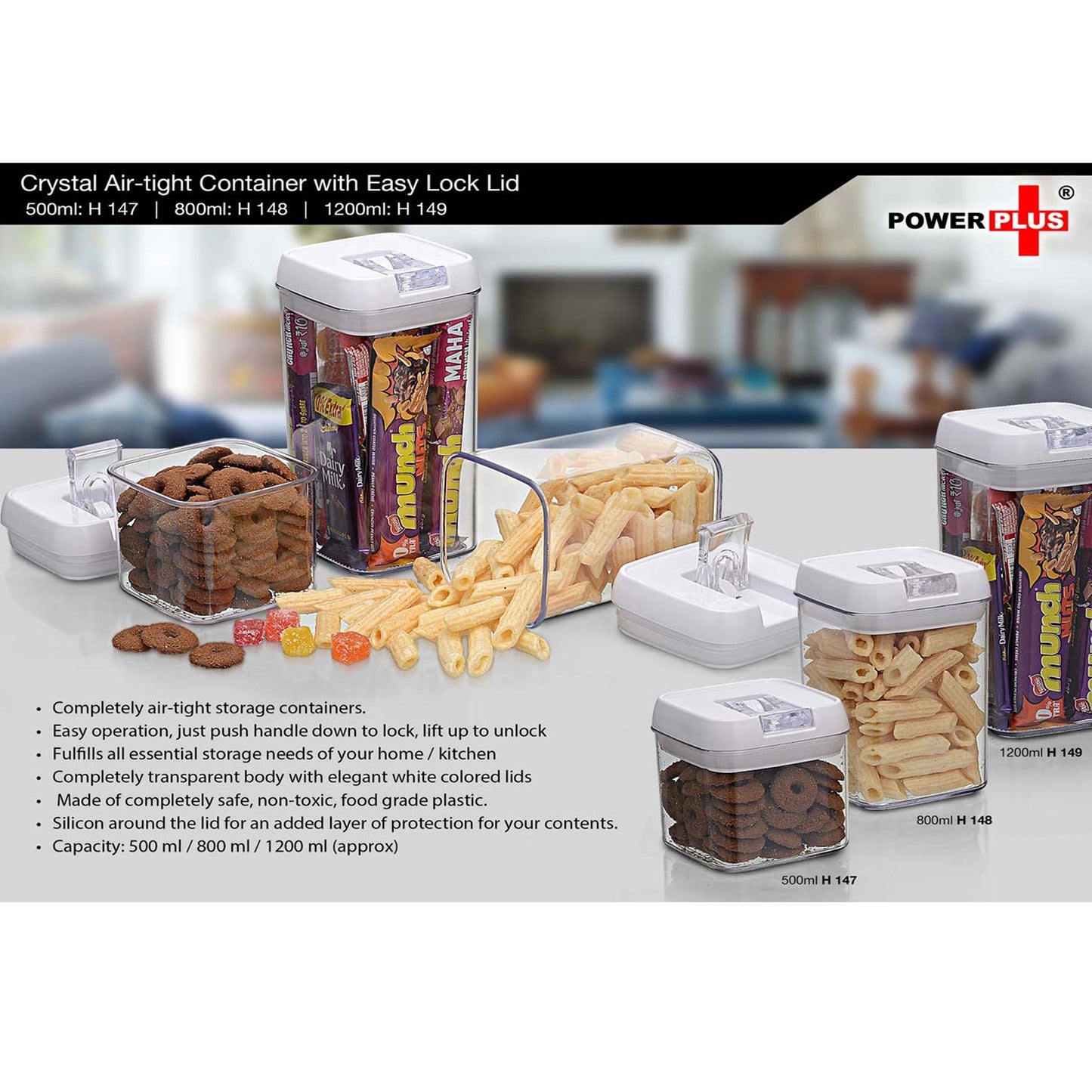 Crystal Air-tight Container with Easy Lock Lid (500 ml) by Power Plus - H 147