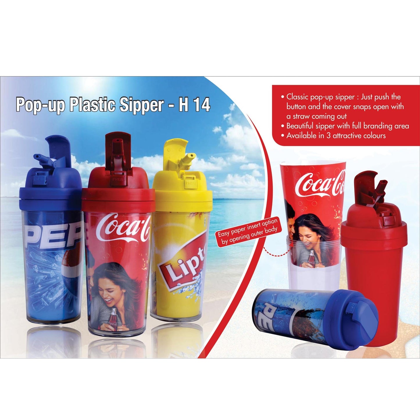 Pop-up plastic sipper (paper not included) - H 14