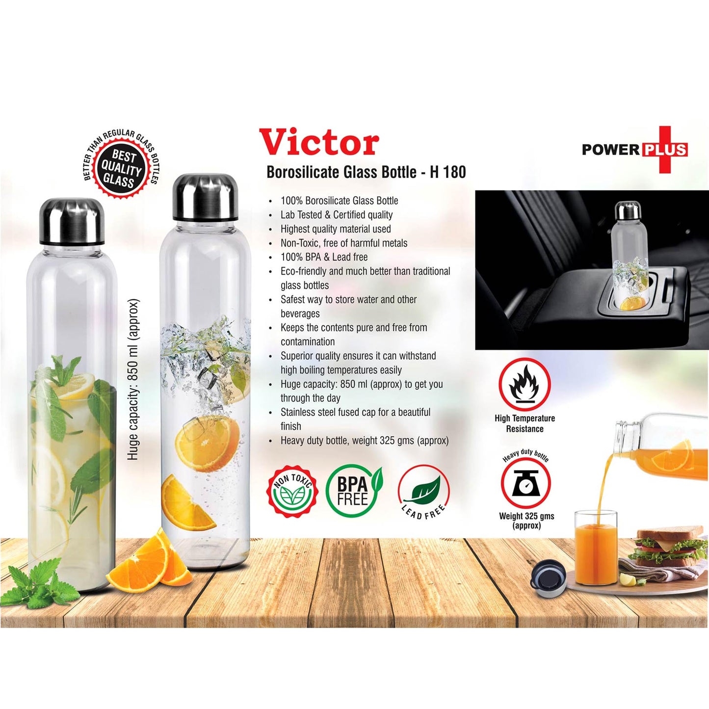 Victor: Borosilicate glass bottle (850 ml approx) - H 180