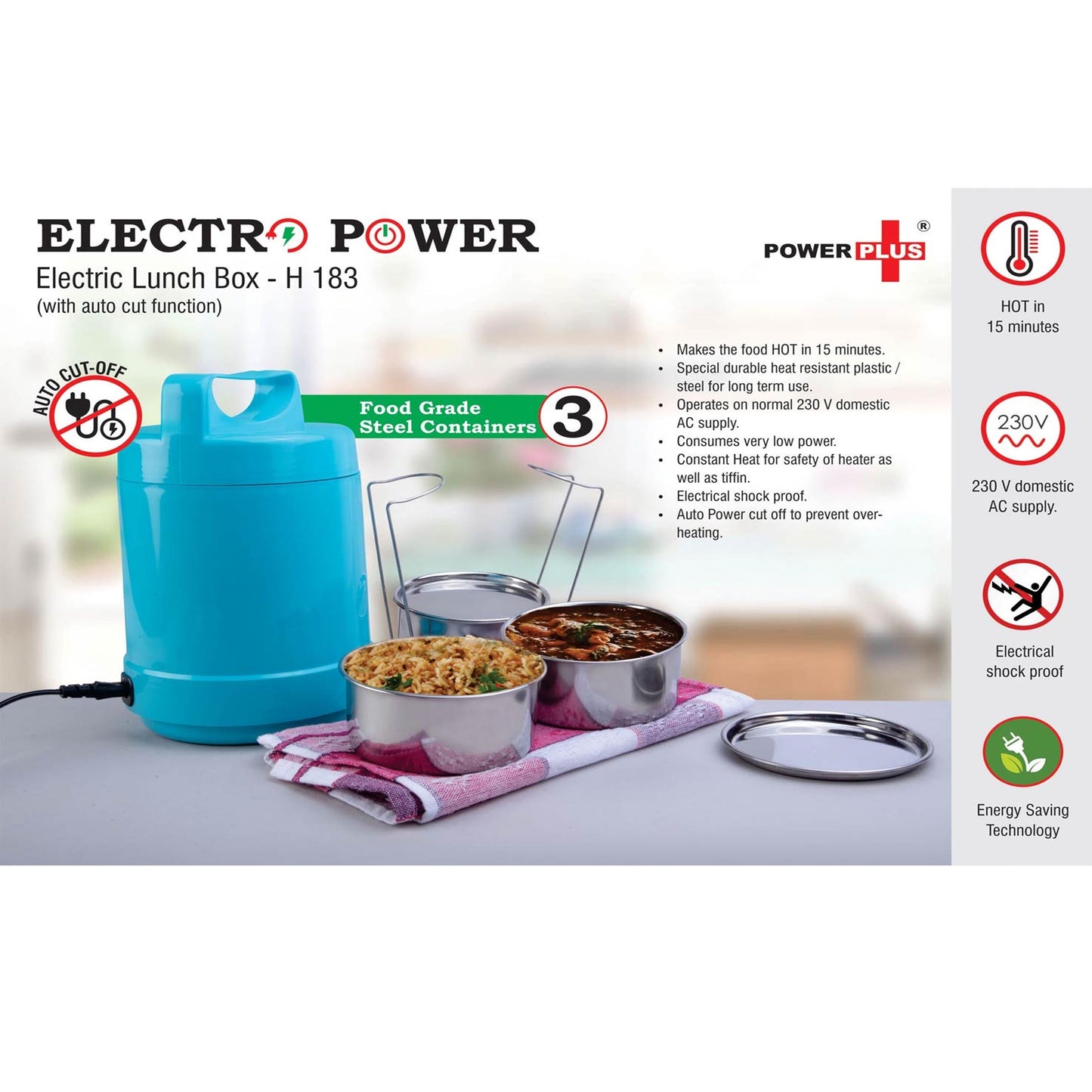 Electro Steel: 3 container electric steel lunch box with Auto cut function - H 183