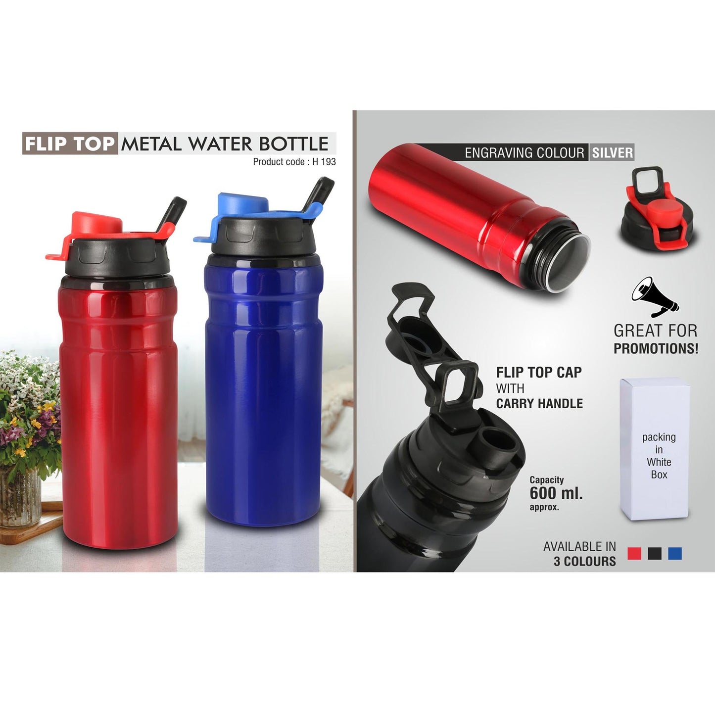 Flip top Metal water bottle (600 ml approx) - H 193