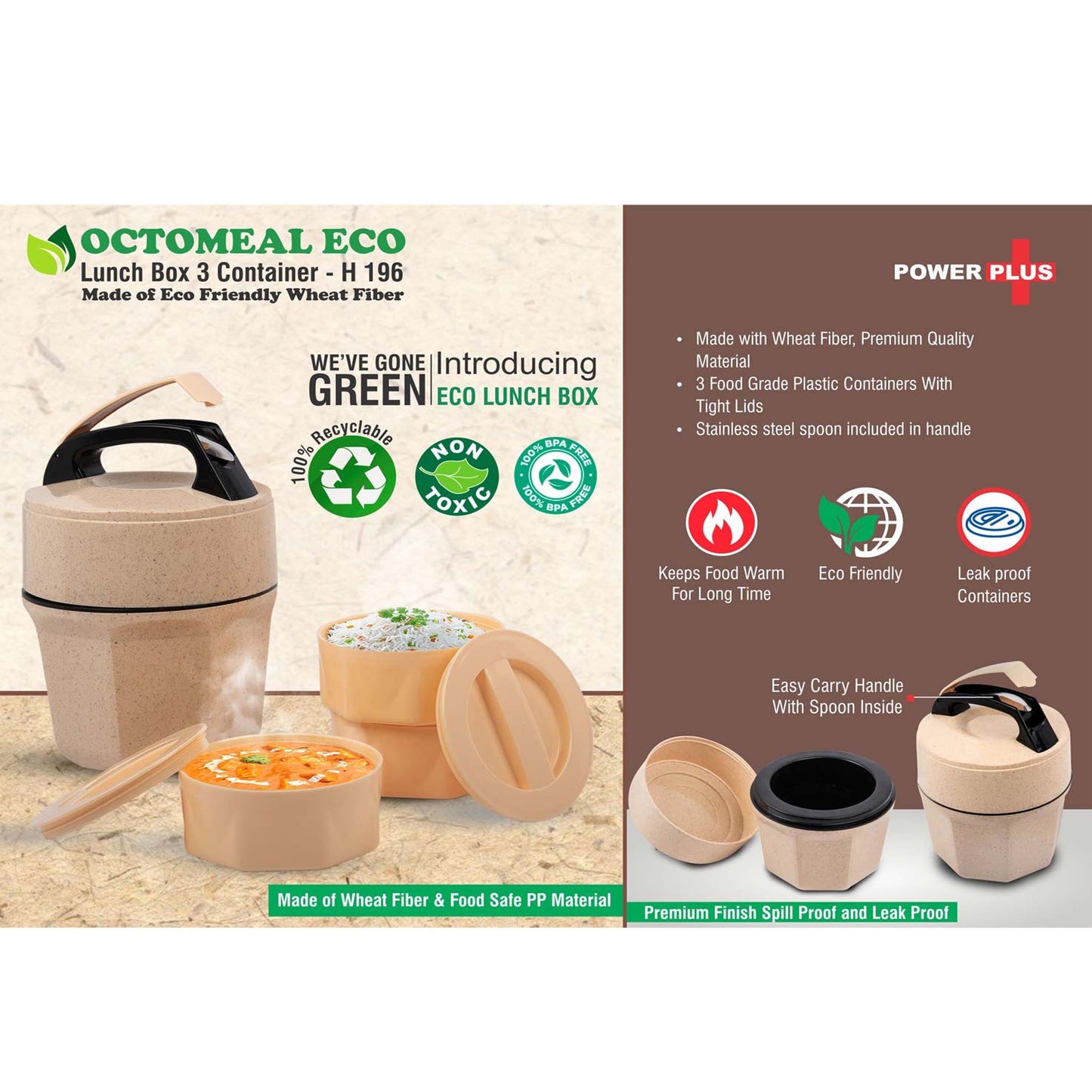 Octomeal Eco: 3 Plastic container lunch box with spoon | Made from Eco friendly material | - H 196