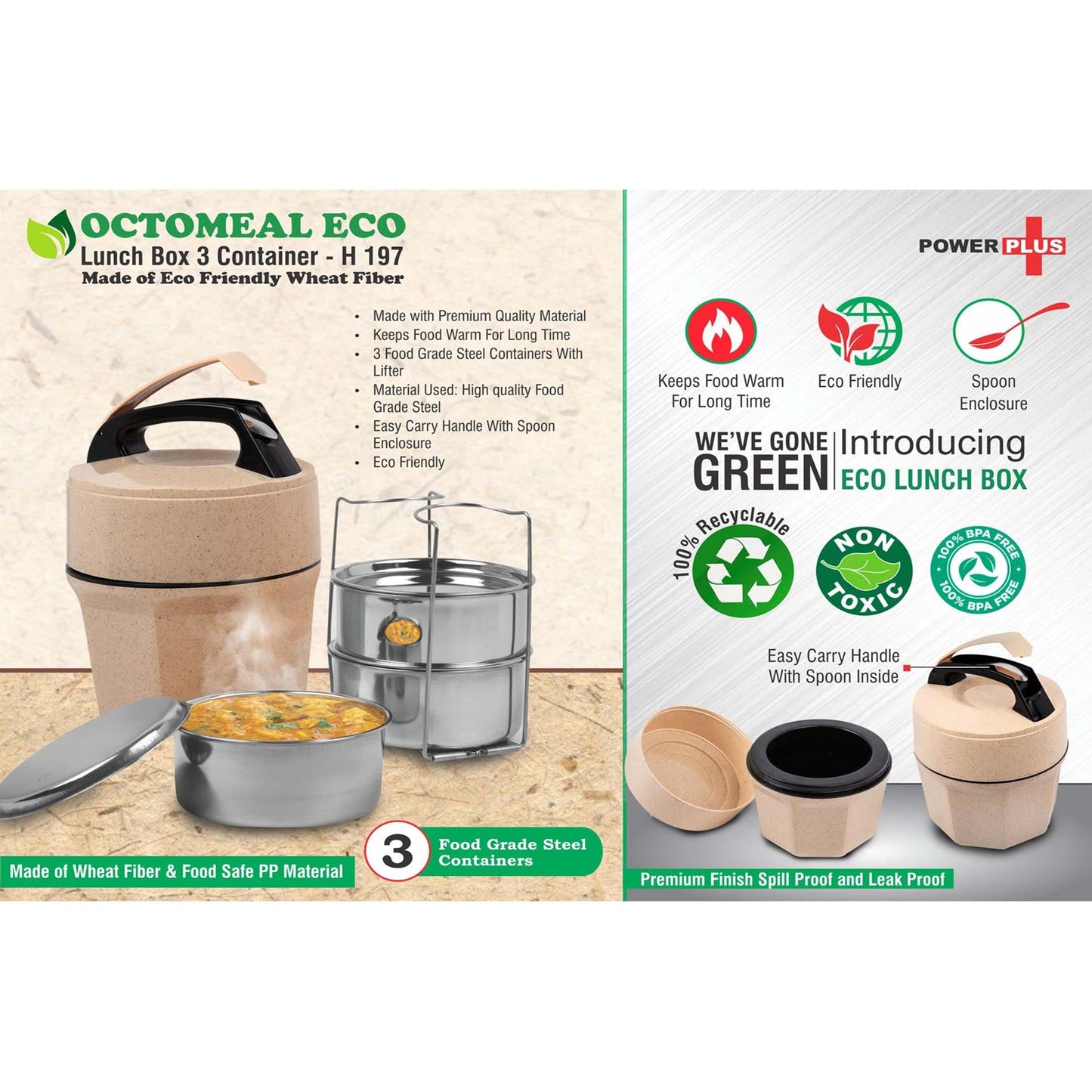 Octomeal Eco: 3 Steel container lunch box with spoon | Made from Eco friendly material | - H 197