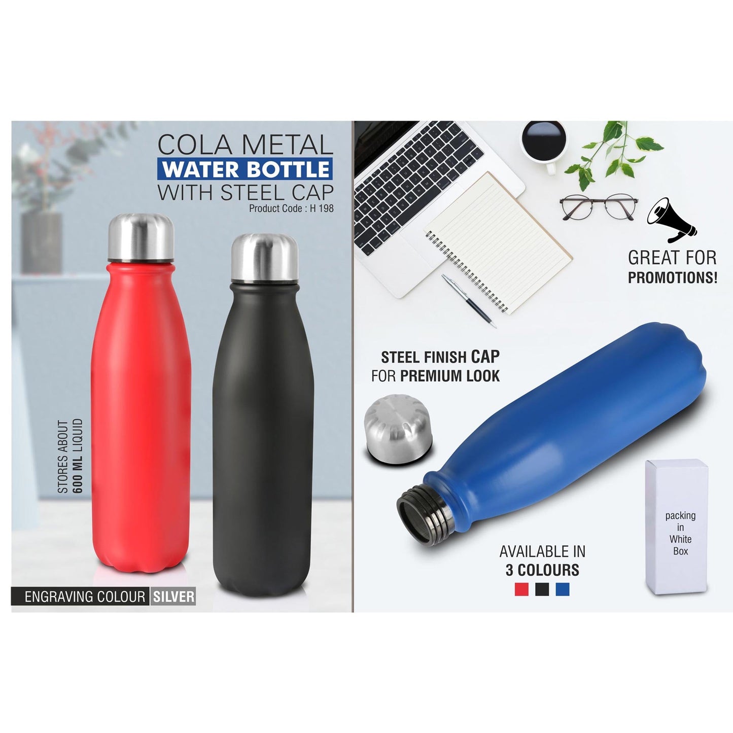 Cola Metal water bottle with steel cap (600 ml approx) - H 198